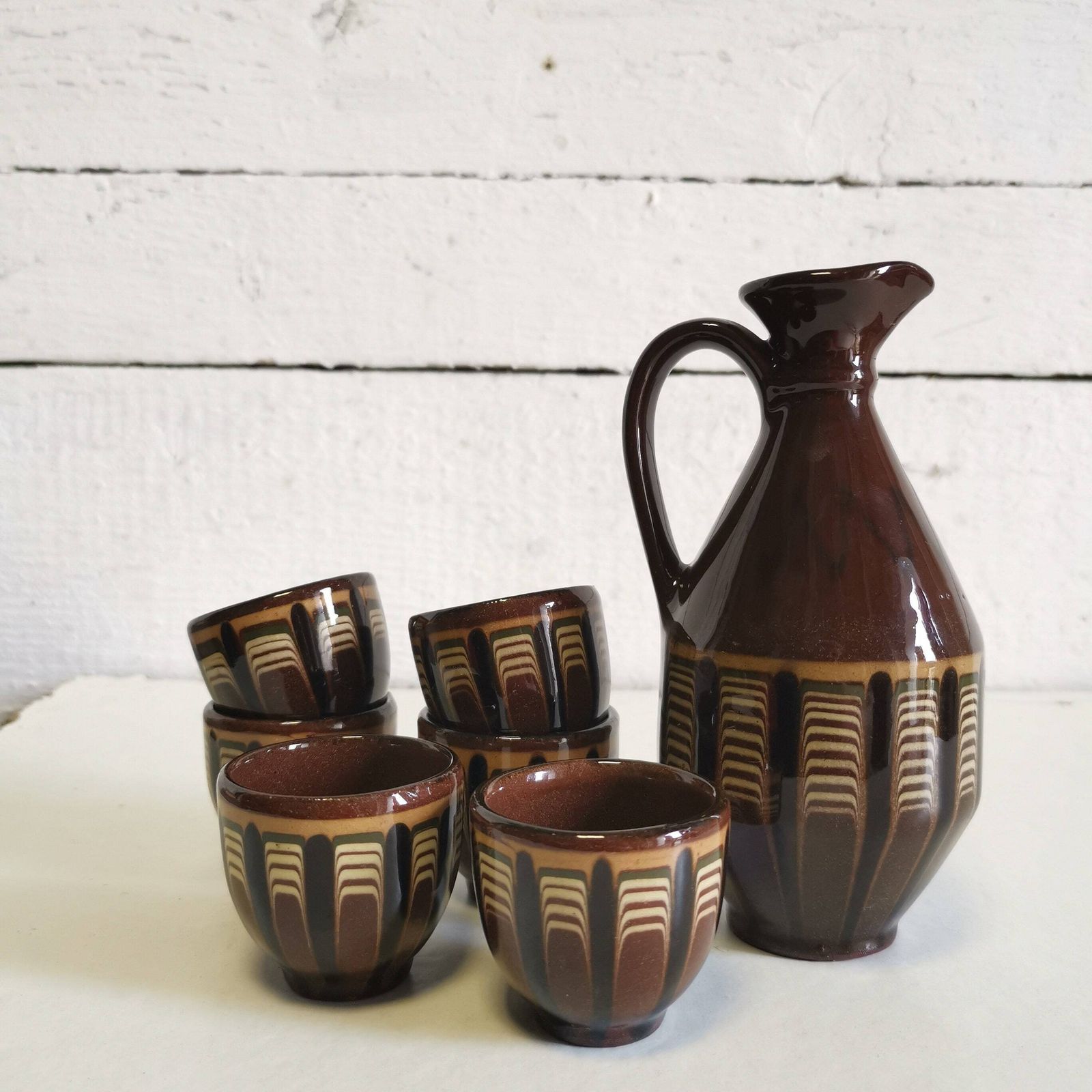 photo furniture Brown Jug And 6 Cup Set Bulgarian Folk Art Design Hand Made Ceramics Drinking Rakia, Shot Glass, Water Pitcher Traditional Design