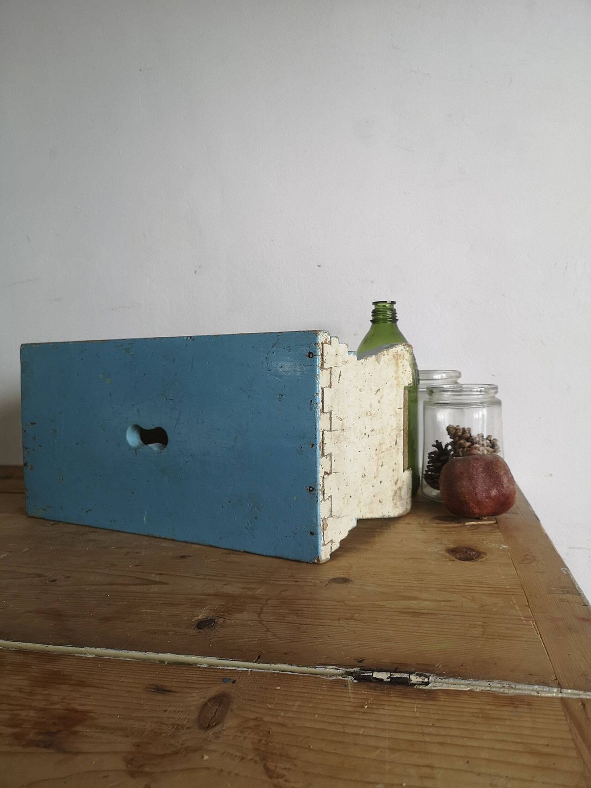 Scratch Built Antique Wooden Vintage Blue Milking Stool Or Small Table, Rustic Farmhouse Seat Step Cute Pot Stand C1940s photo furniture