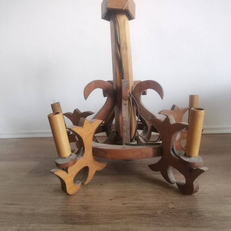 Chandelier Wooden Natural Country Home, Shabby, 5 Arm, Vintage Lighting, Light, Centerpiece, Wood Home Decor, Kitchen, Rustic Decoration