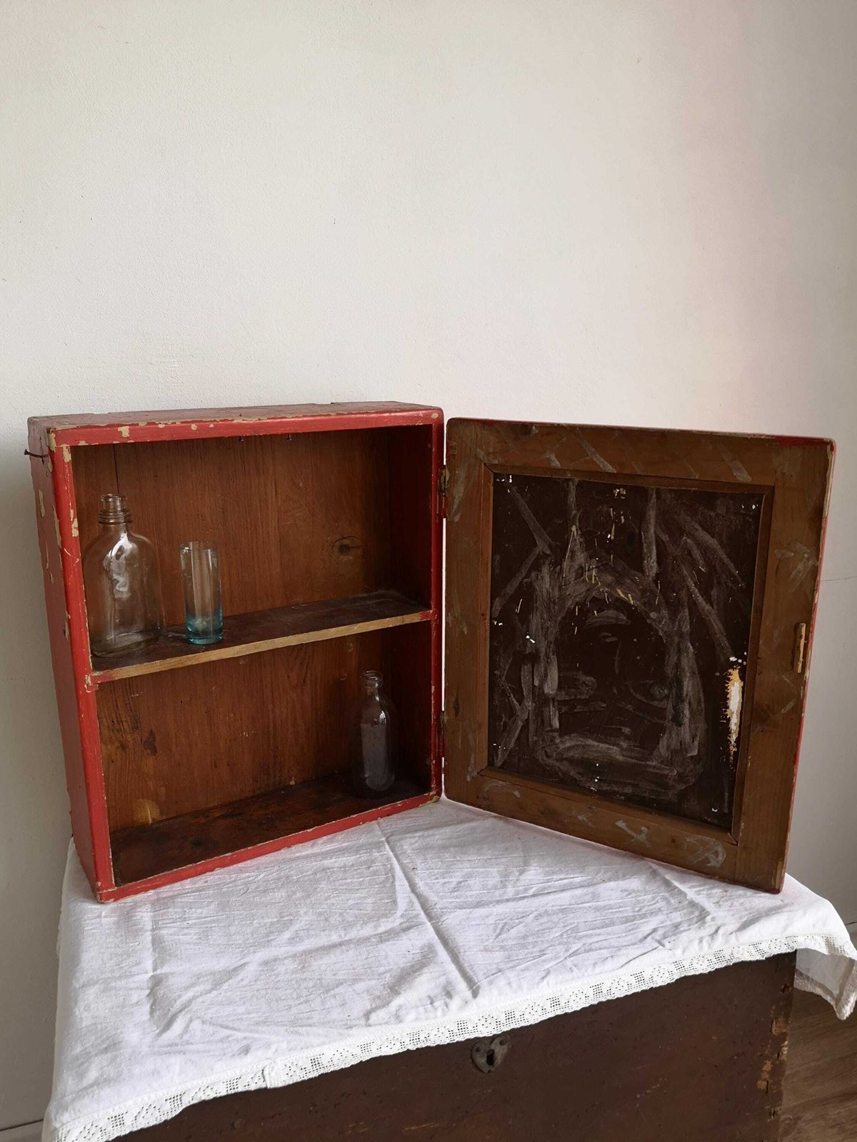 Res Washroom Cabinet Wooden Mirror Chippy White Scratch Built Wood. C1920s Hand Made Bathroom Cupboard.Display Kitchen Drinks Food Wabisabi