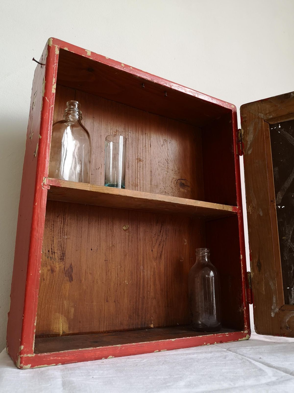 Res Washroom Cabinet Wooden Mirror Chippy White Scratch Built Wood. C1920s Hand Made Bathroom Cupboard.Display Kitchen Drinks Food Wabisabi photo for sale