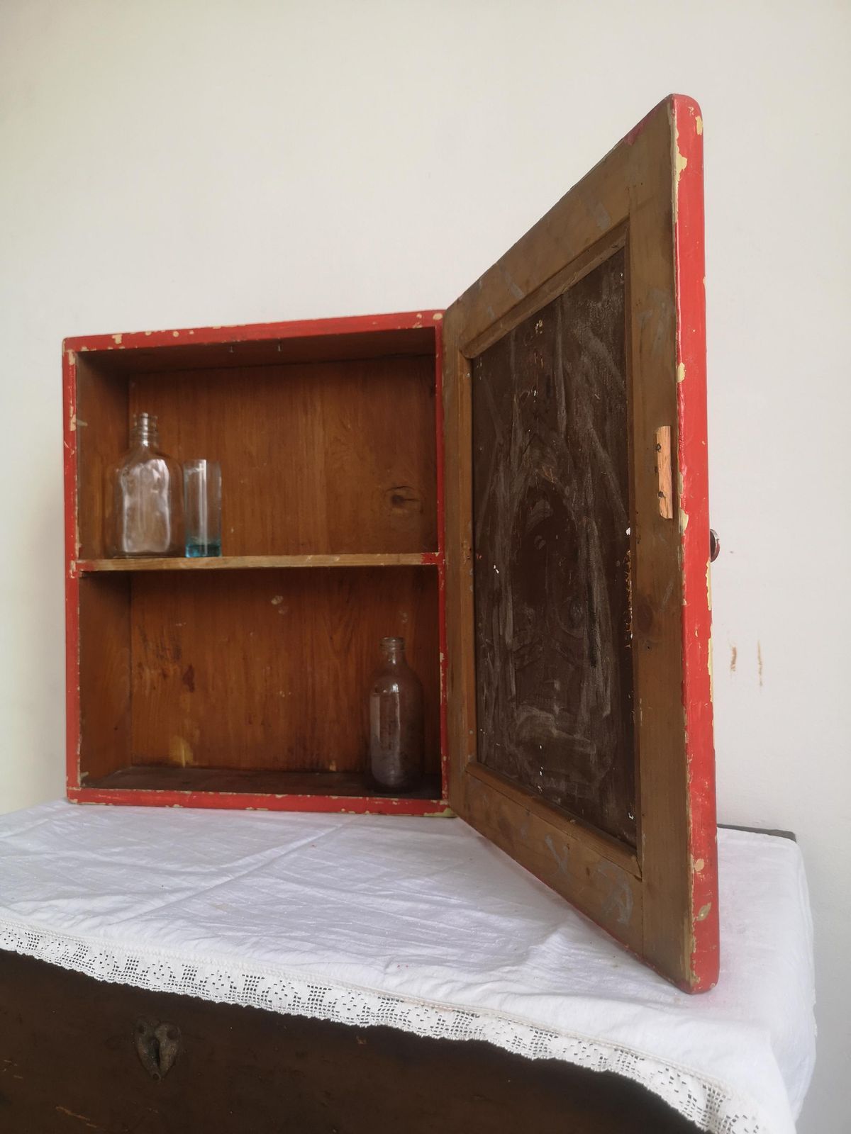 Res Washroom Cabinet Wooden Mirror Chippy White Scratch Built Wood. C1920s Hand Made Bathroom Cupboard.Display Kitchen Drinks Food Wabisabi photo 102.0