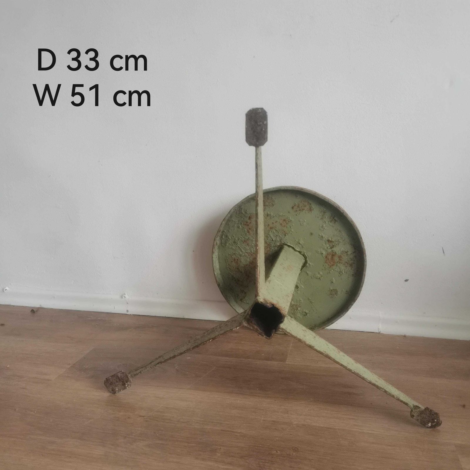 Vintage 1940s Metal Tripod Industrial Stool – Shabby Chic Flower Stand Or Décor, Rounded Seat, Green Chippy Paint, Unique Piece Hungarian photo Furniture