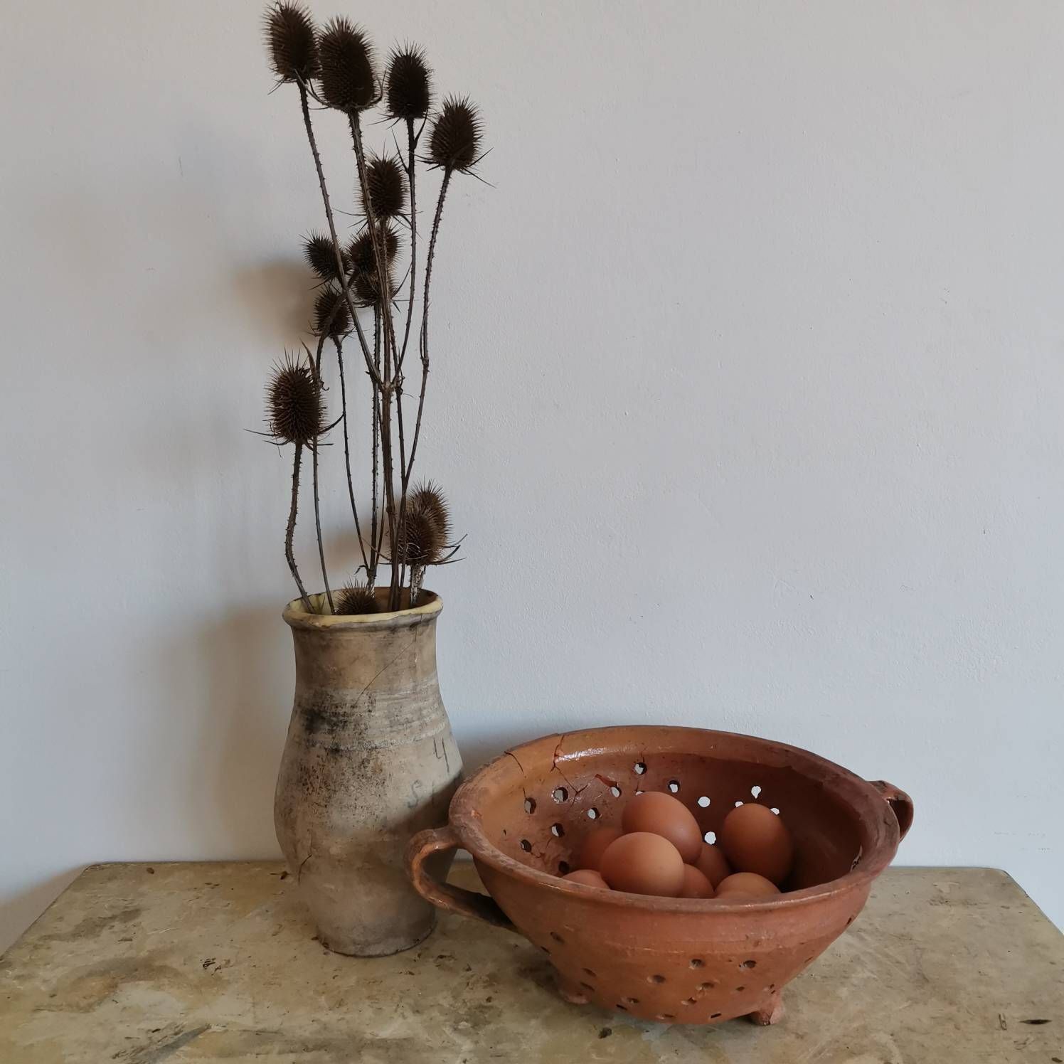 Set Of 2 Broken Terracotta Earthenware Hungarian Vintage Clay Handmade Pottery Jug And Colander Water Wine Flowers 30 40's Pot Bowl