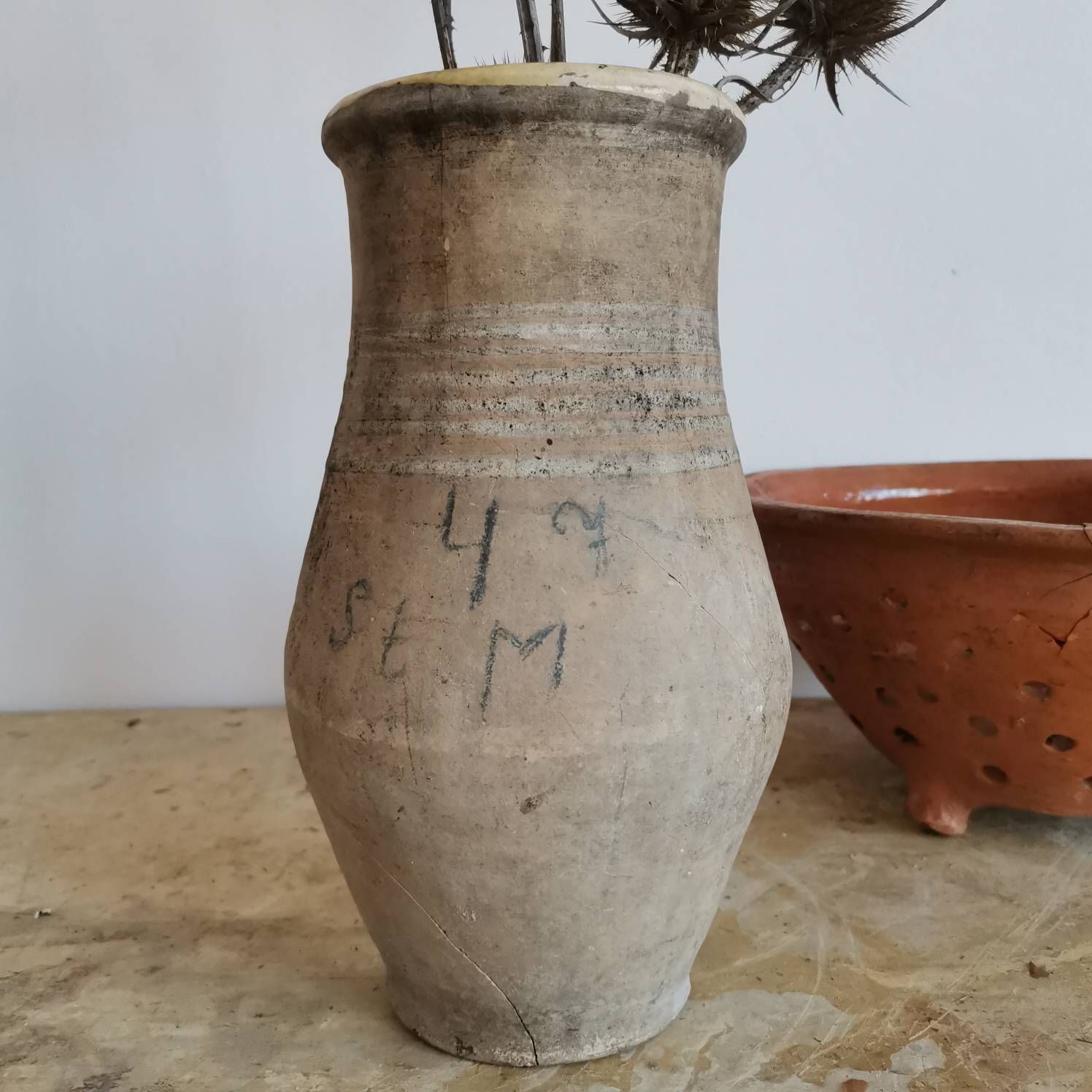 Set Of 2 Broken Terracotta Earthenware Hungarian Vintage Clay Handmade Pottery Jug And Colander Water Wine Flowers 30 40's Pot Bowl photo vintage