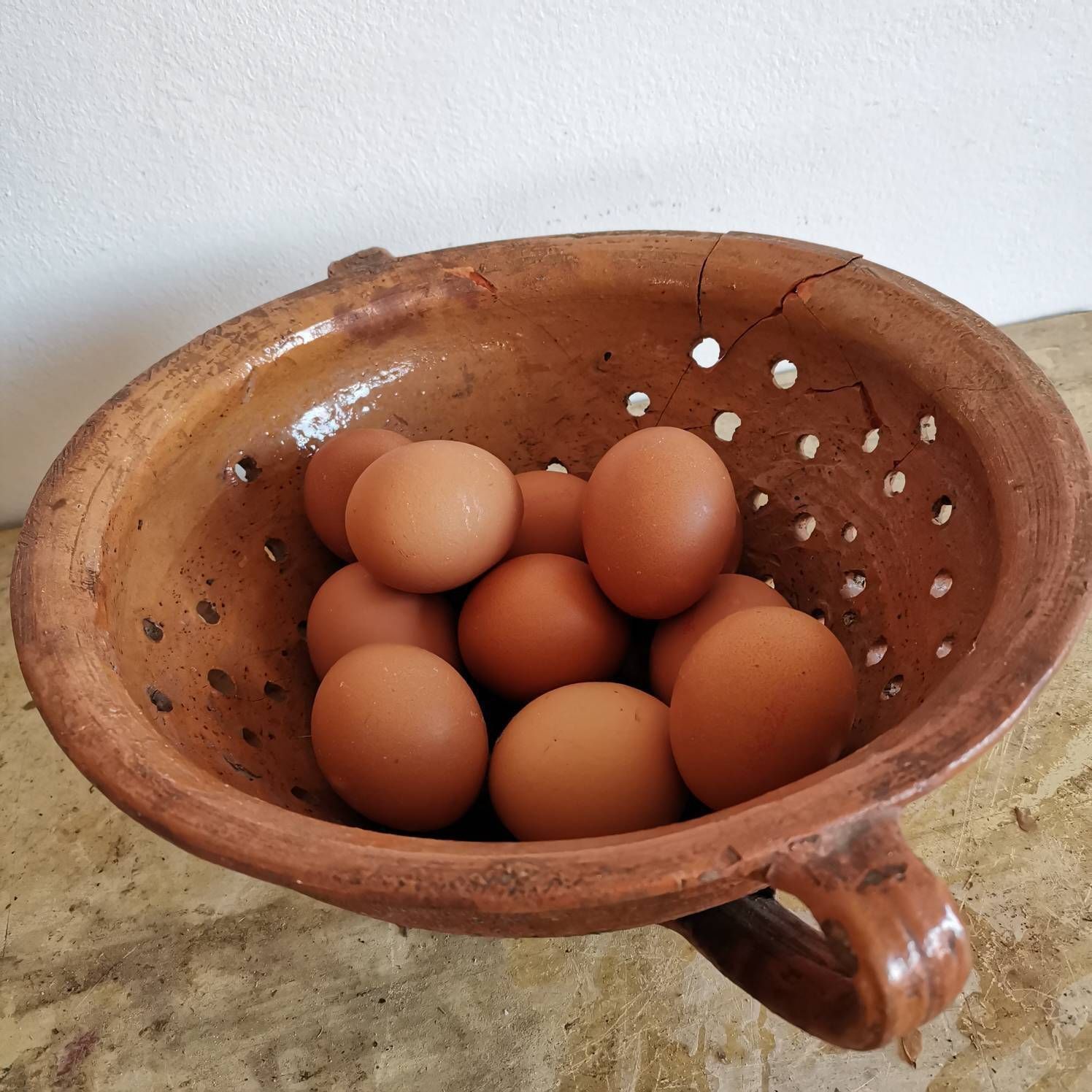 photo for sale Set Of 2 Broken Terracotta Earthenware Hungarian Vintage Clay Handmade Pottery Jug And Colander Water Wine Flowers 30 40's Pot Bowl