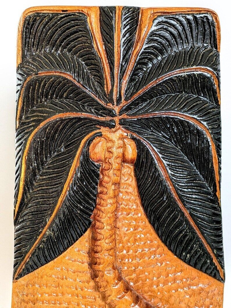 Carved Wood Plaque Lion & Palm Tree | Vintage African Folk Art | 1970's photo buy