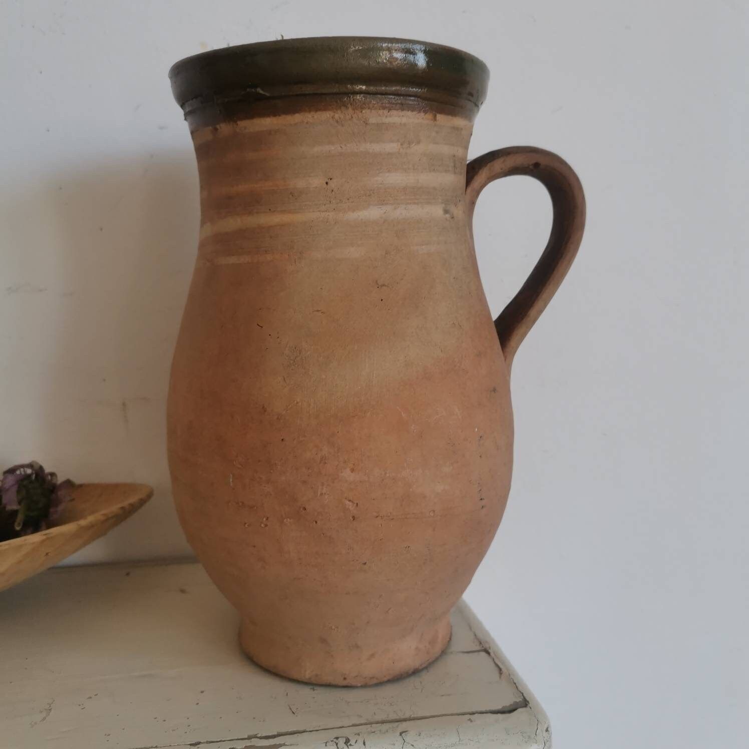 Hungarian Vintage Terracotta Earthenware Clay Handmade Pottery Jug Bottle Water Wine Oil Slipglaze 30 40's, Pot, Flask, Drink Cup Vase Decor photo furniture