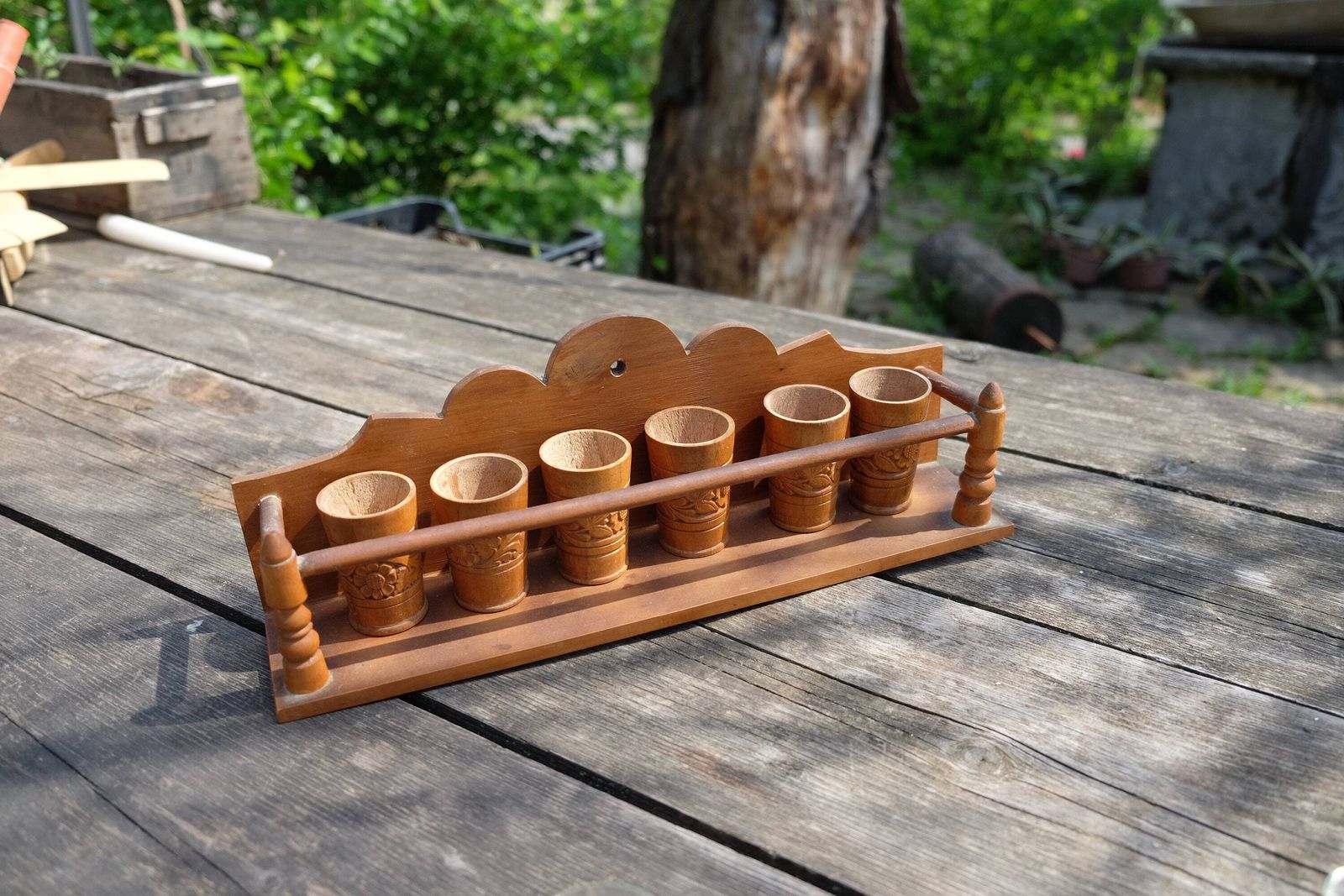 Egg Or Shot Cup Rack Hand Made Wooden Jar, Herbs, Spices Rack Storage Shelf, Hand Carved Floral Art, Hungarian Folk Art, Kitchen Decor X 6