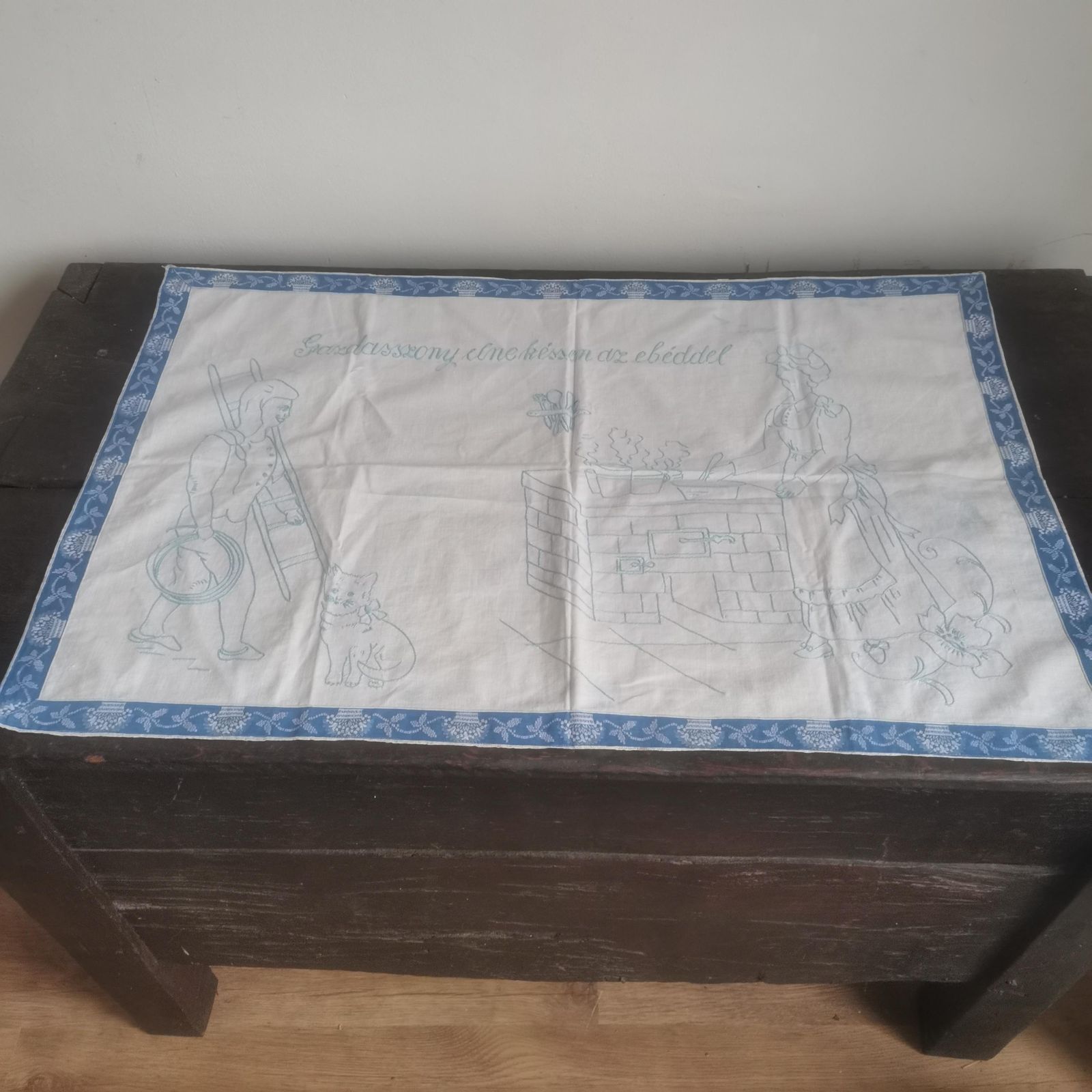 Mastress, Don’t Be Late With Lunch!   Quirky And Witty Hungarian Folk Fusion Hand And Machine Embroidered Cotton Wall Cover