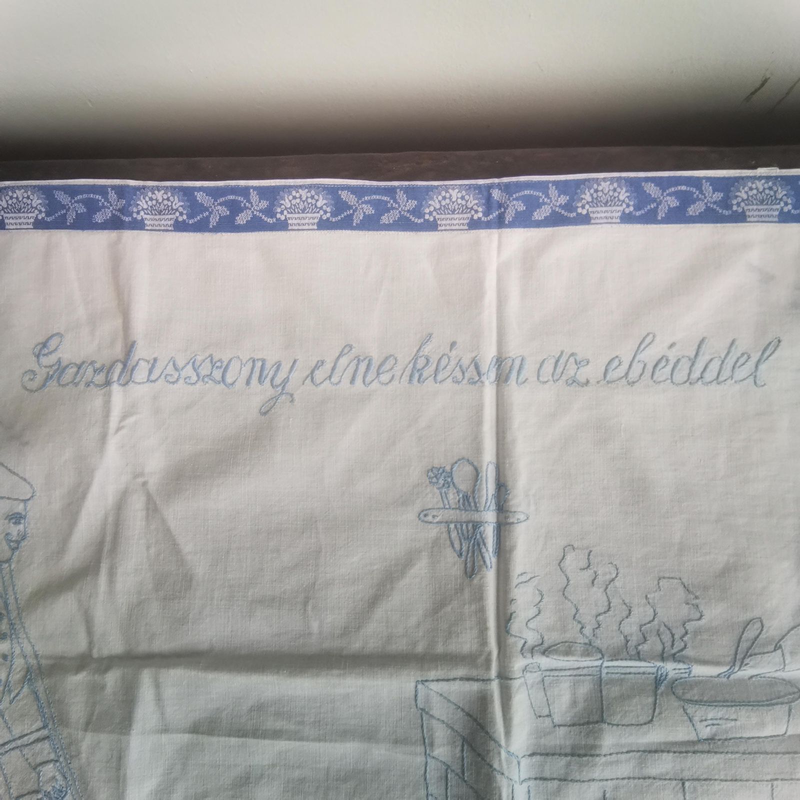 Mastress, Don’t Be Late With Lunch!   Quirky And Witty Hungarian Folk Fusion Hand And Machine Embroidered Cotton Wall Cover photo for sale