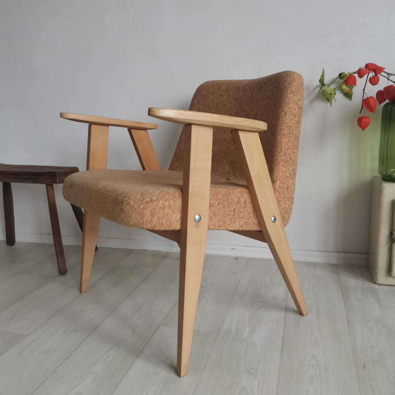 Original 366 Easy Polish Mid Century Dining Chair By Józef Chierowski Vintage Iconic Seating. Office Study Listening Chair Cork Upholstery