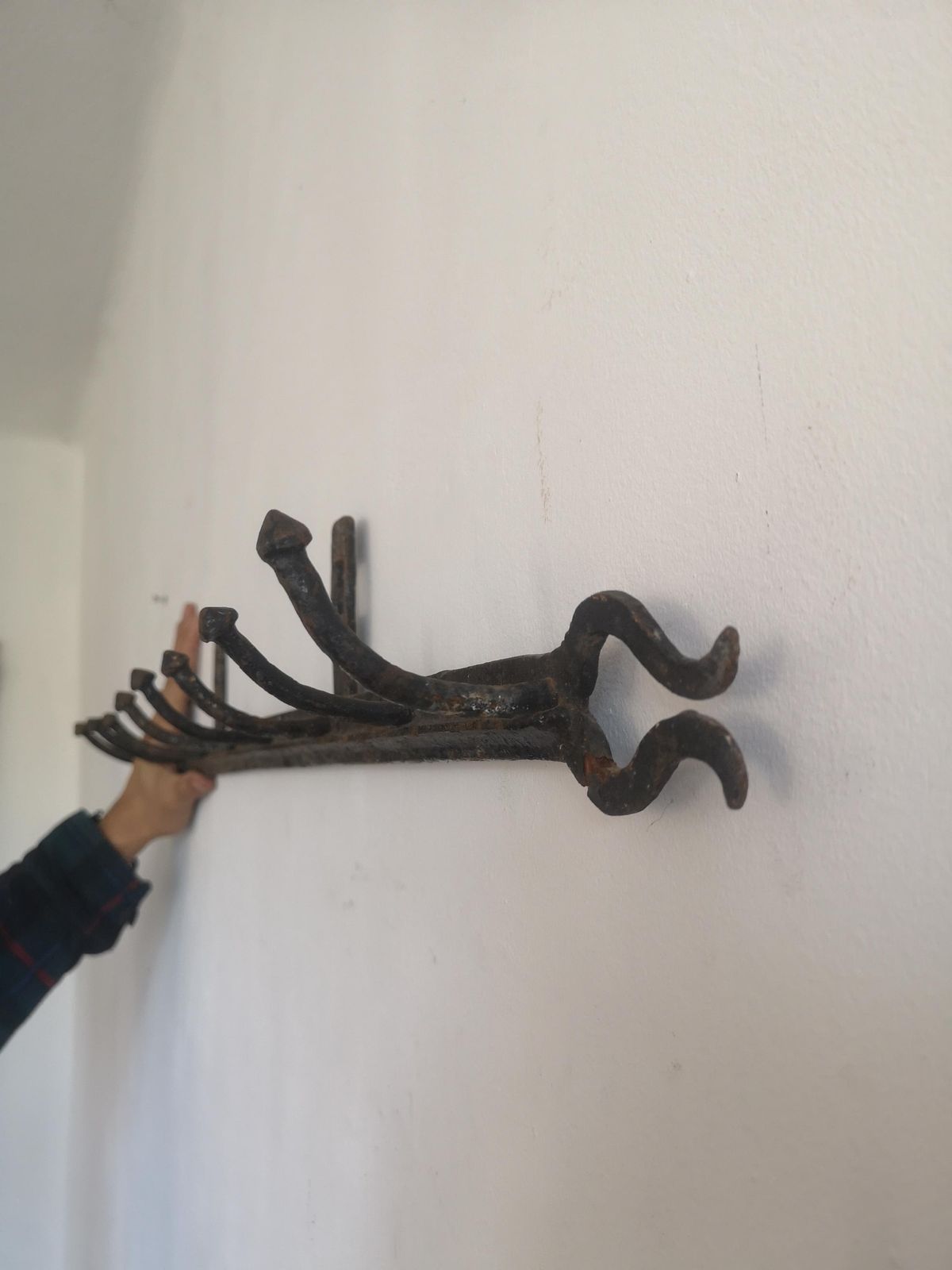Strong Coat Hook Rustic Old And Metal High Patina Farm Barn Unique Hand Made Imperfect Shape, Wabi Sabi, Hats, Scarfs Hallway Decor photo for sale