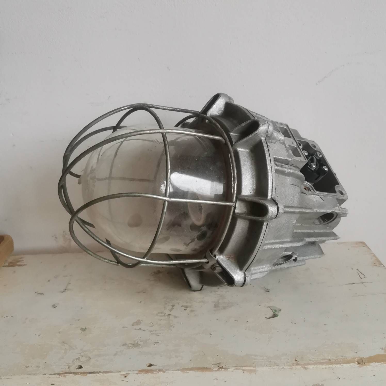 178.0 Large Vintage Bulkhead, Loft, Factory, Industrial Light Fixture. Heavy Cast Shatter Proof Kitchen Lighting Statement Piece Chrome Steel photo