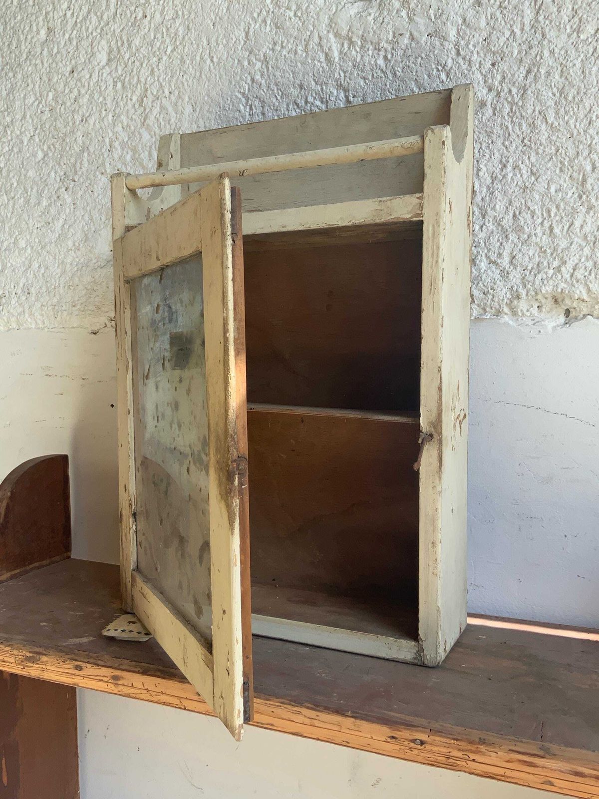 Cabinet Wooden Mirror Chippy White Scratch Built Wood. C1920s Hand Made Bathroom Cupboard. Display Kitchen Drinks Food Foxed Mirror photo furniture