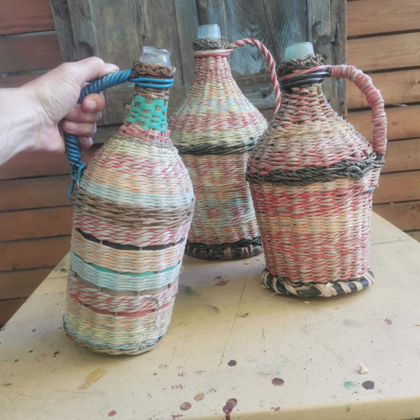 Brighten The Home Set Of 3 Weaved Wicker Bottles Colorful. Old Retro Plastic Decorated Pop Bottle Cafe Kitchen Decor Eye Catching Demijohn photo Home Decor