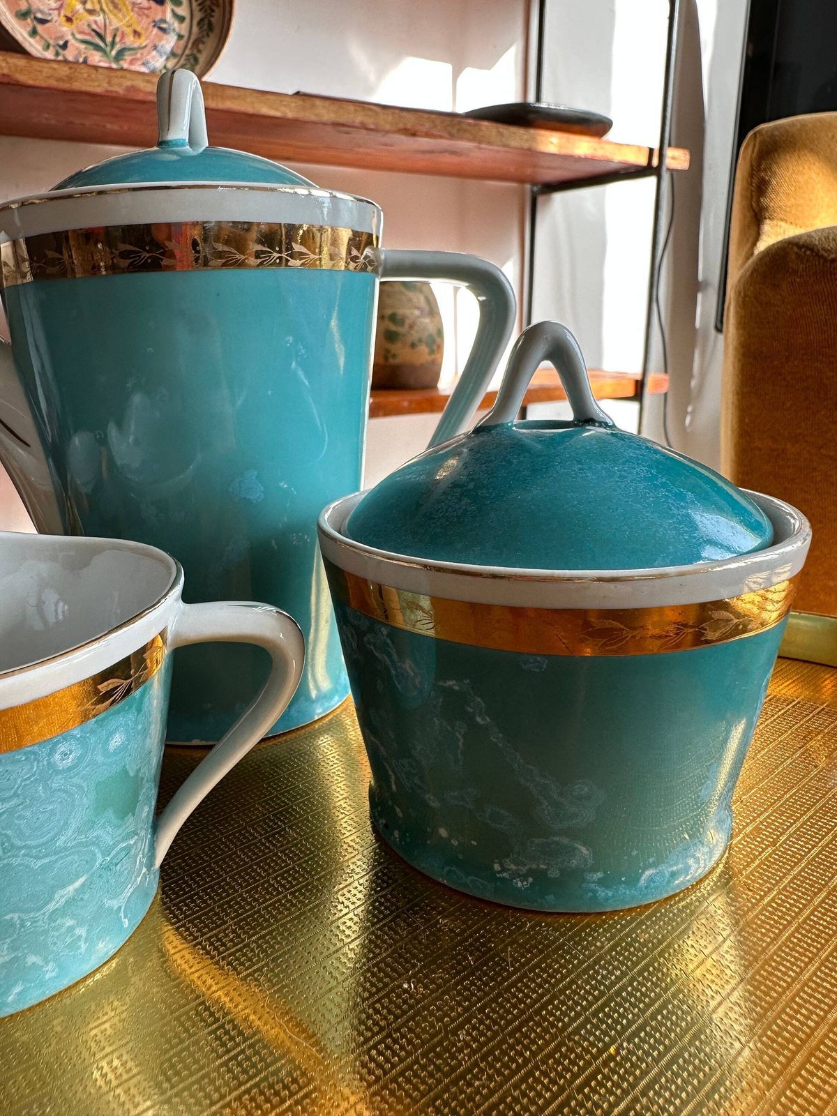 Coffee Set Cups Rare Hollohaza Hungarian Gold Rimmed Coffee Cups Set Fine Porcelain, Collection 11 Piece Set Turquoise Hungarian Colourful photo vintage