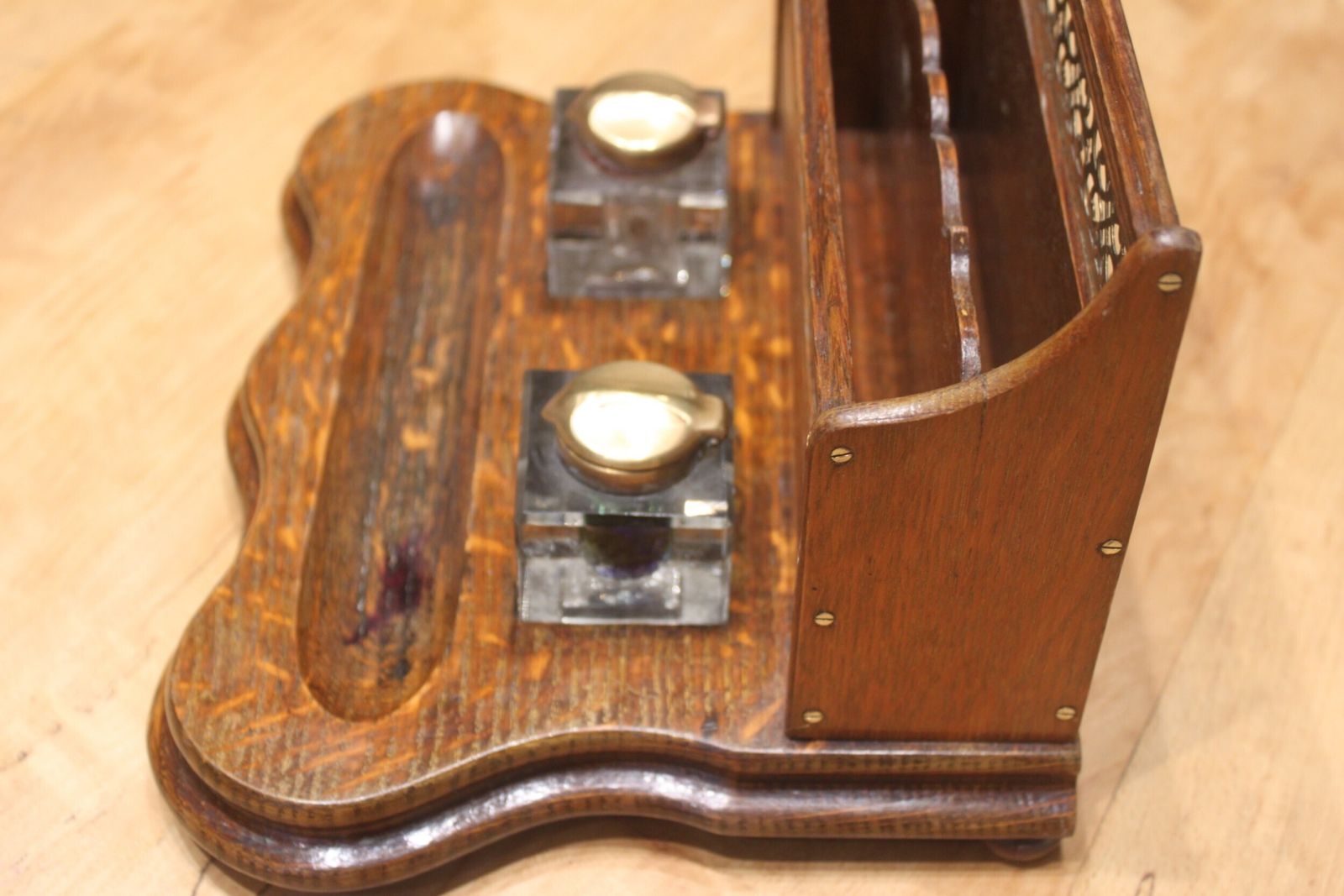 Late Victorian Oak And Brass Desk Tidy Or Standish photo vinterior