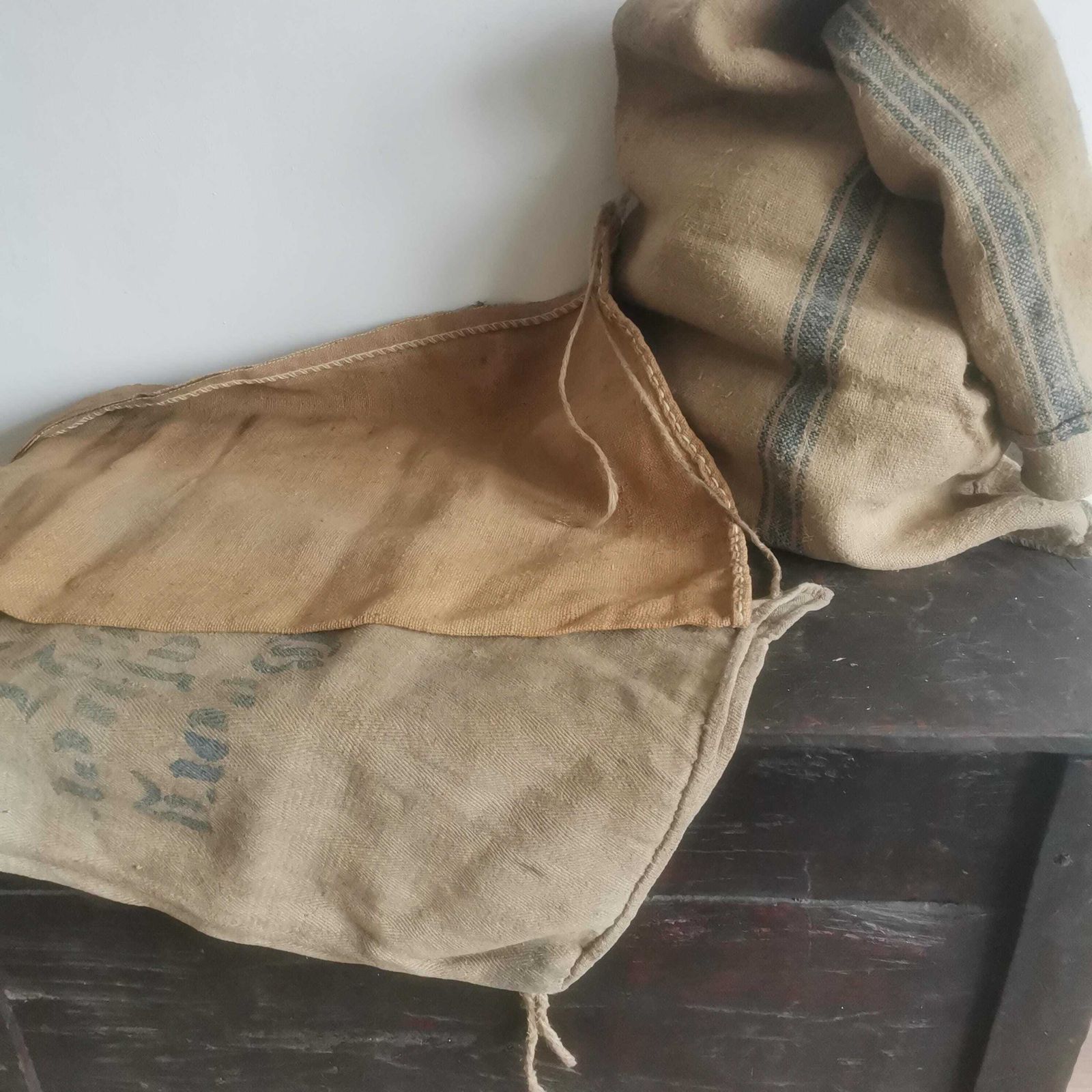 X 3 Mixed Big Old Sand Potato Jute Hessian Sack Railway Transportation Eastern Europe Up Cycle, Fabric, Vintage, Retro, Steam Train Farm photo 61.0