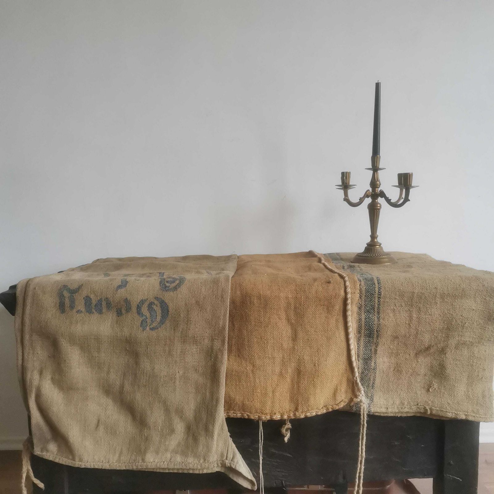 X 3 Mixed Big Old Sand Potato Jute Hessian Sack Railway Transportation Eastern Europe Up Cycle, Fabric, Vintage, Retro, Steam Train Farm photo vinterior