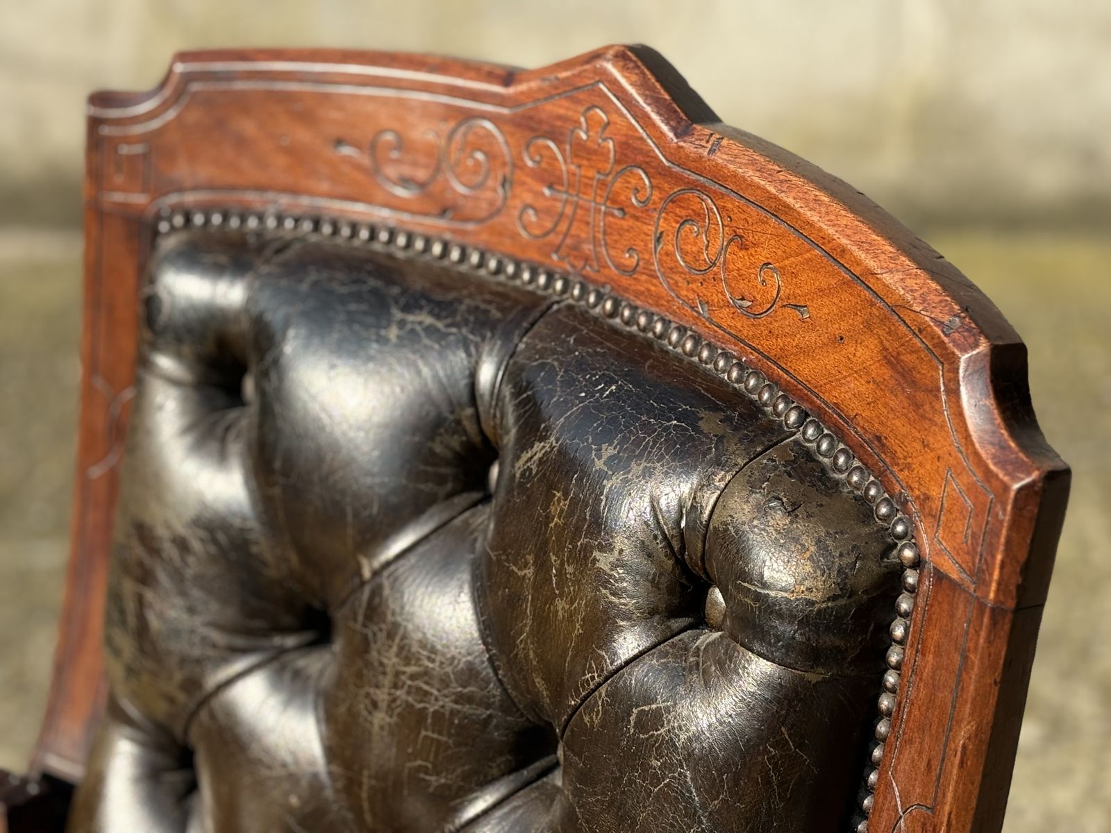 19th Century Arts & Crafts Carved Walnut Leather Library Armchair photo furniture