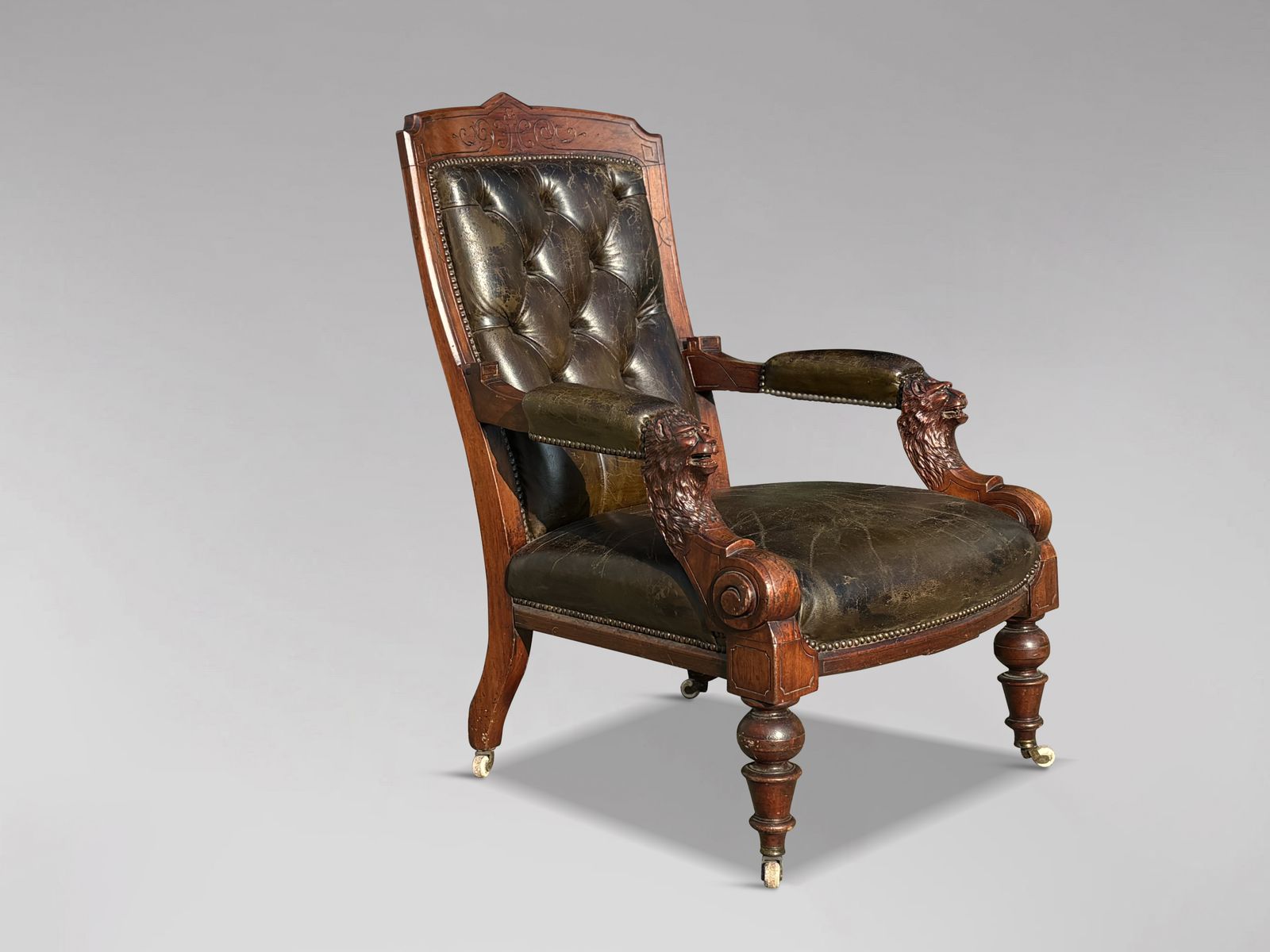 19th Century Arts & Crafts Carved Walnut Leather Library Armchair