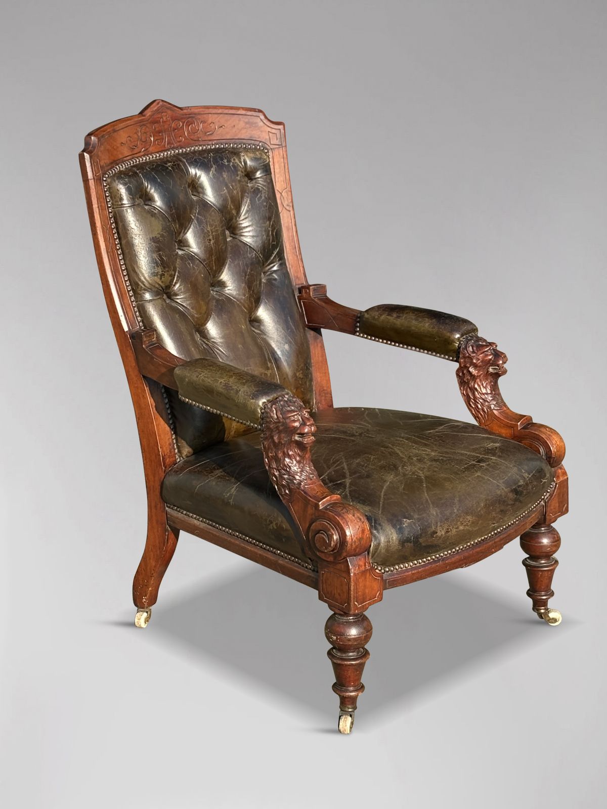 19th Century Arts & Crafts Carved Walnut Leather Library Armchair photo vintage