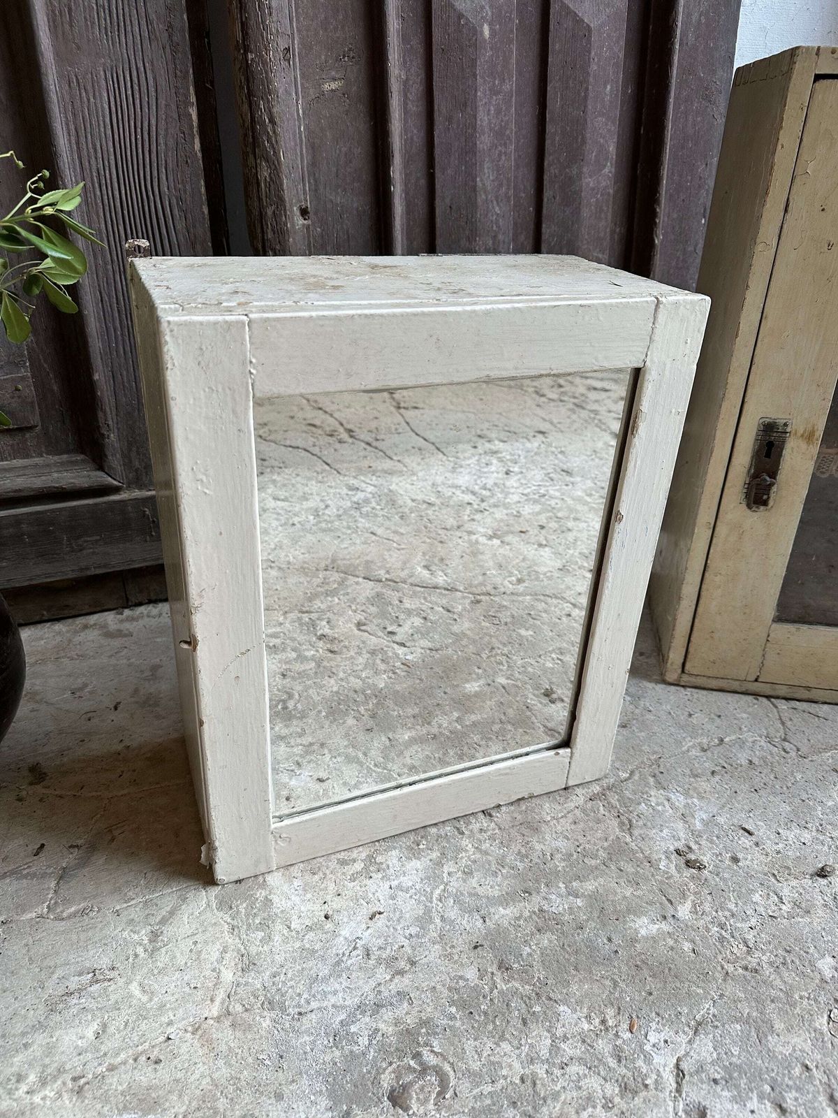 Medical Cabinet Wooden Mirror Chippy White Scratch Built Solid Wood. C1920s Hand Made Hospital Cupboard. Or Kitchen Drinks Food, Trinkets
