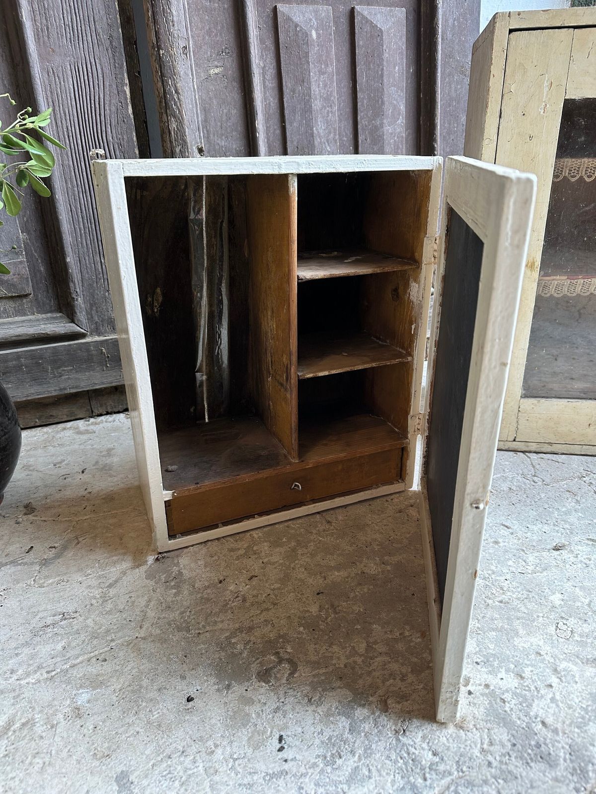 Medical Cabinet Wooden Mirror Chippy White Scratch Built Solid Wood. C1920s Hand Made Hospital Cupboard. Or Kitchen Drinks Food, Trinkets photo furniture