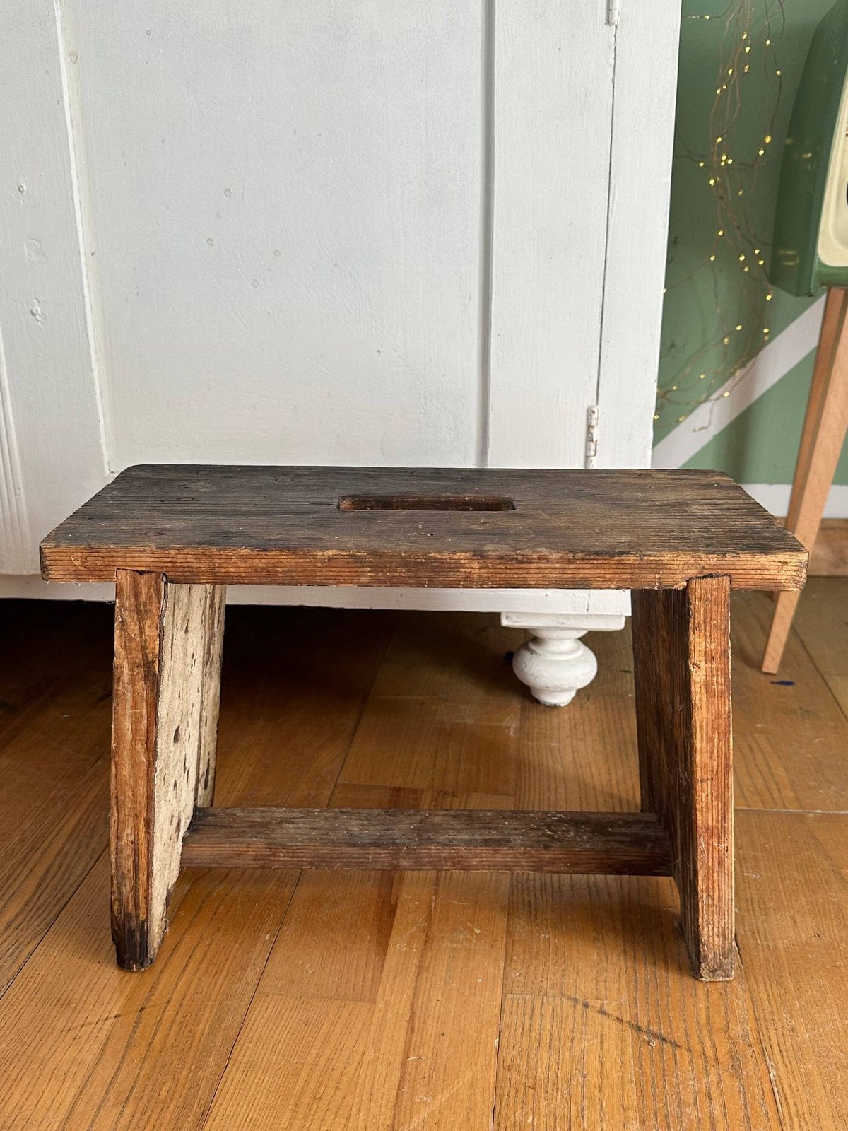 Chippy Scratch Built Antique Wooden Vintage White & Natural Wood Milking Stool Small Table, Rustic Farmhouse Seat Step Cute Pot Stand C1940s photo furniture
