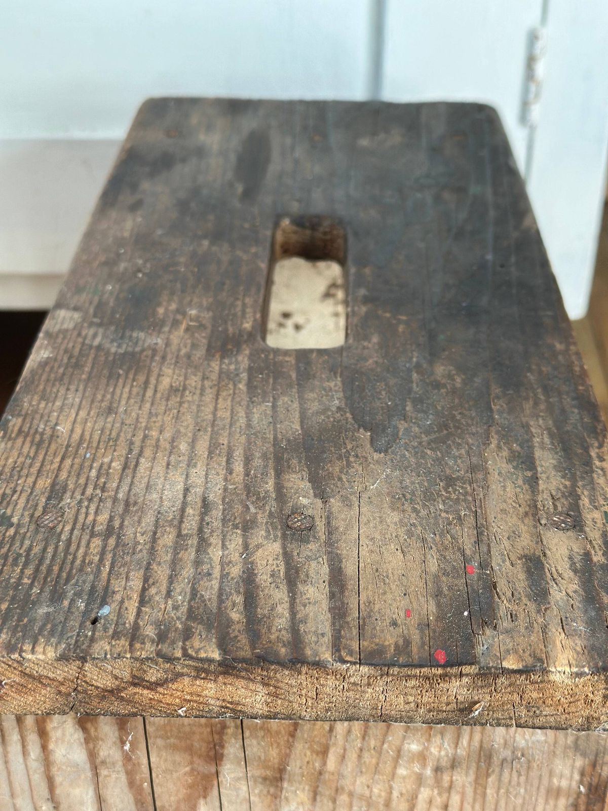 photo furniture Chippy Scratch Built Antique Wooden Vintage White & Natural Wood Milking Stool Small Table, Rustic Farmhouse Seat Step Cute Pot Stand C1940s