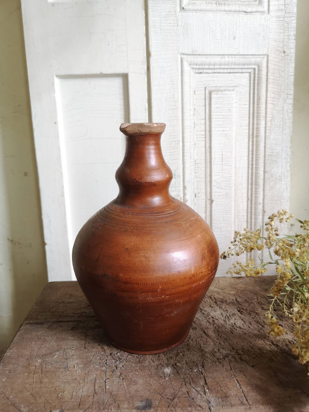 Vintage Earthenware Clay Handmade Pottery Jug Bottle Water Wine Oil Circa 1960 70's Hungarian, Pot, Flask, Terracotta, Pitcher, Drink Cup