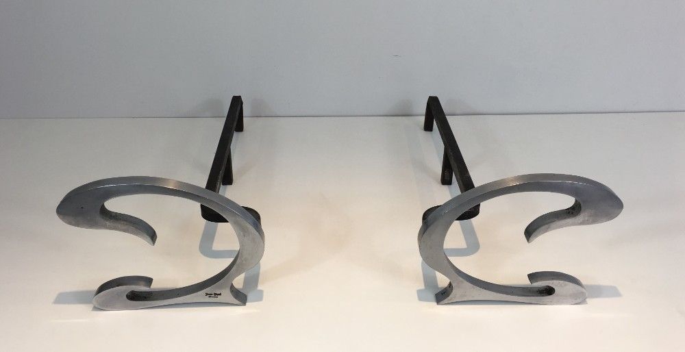 Jean Paul Créations. Pair Of Design Brushed Steel And Iron Andirons. photo Home Fixtures