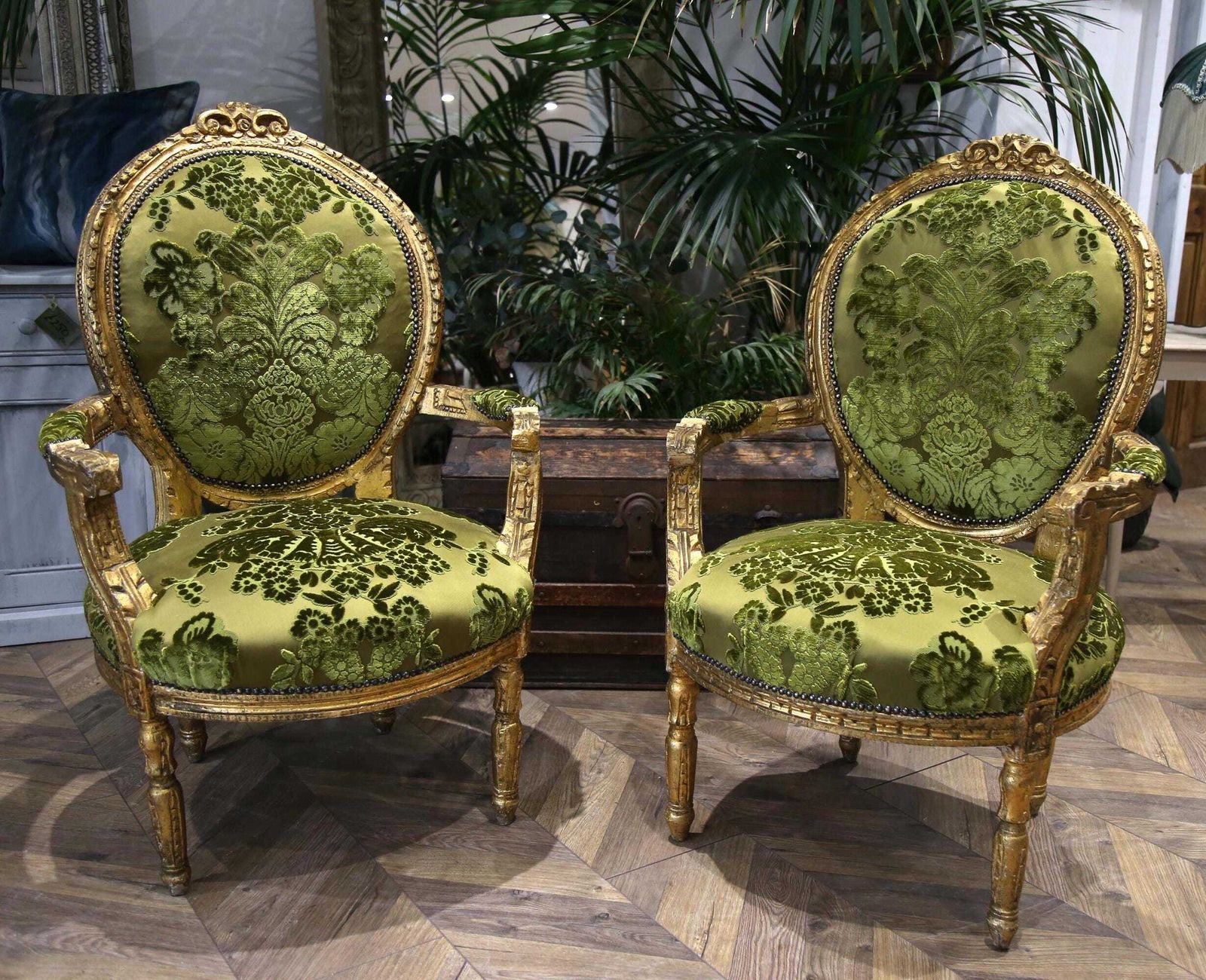 Pair Of King Luis XV Matching Salon Chairs In Rich Green Silk photo furniture