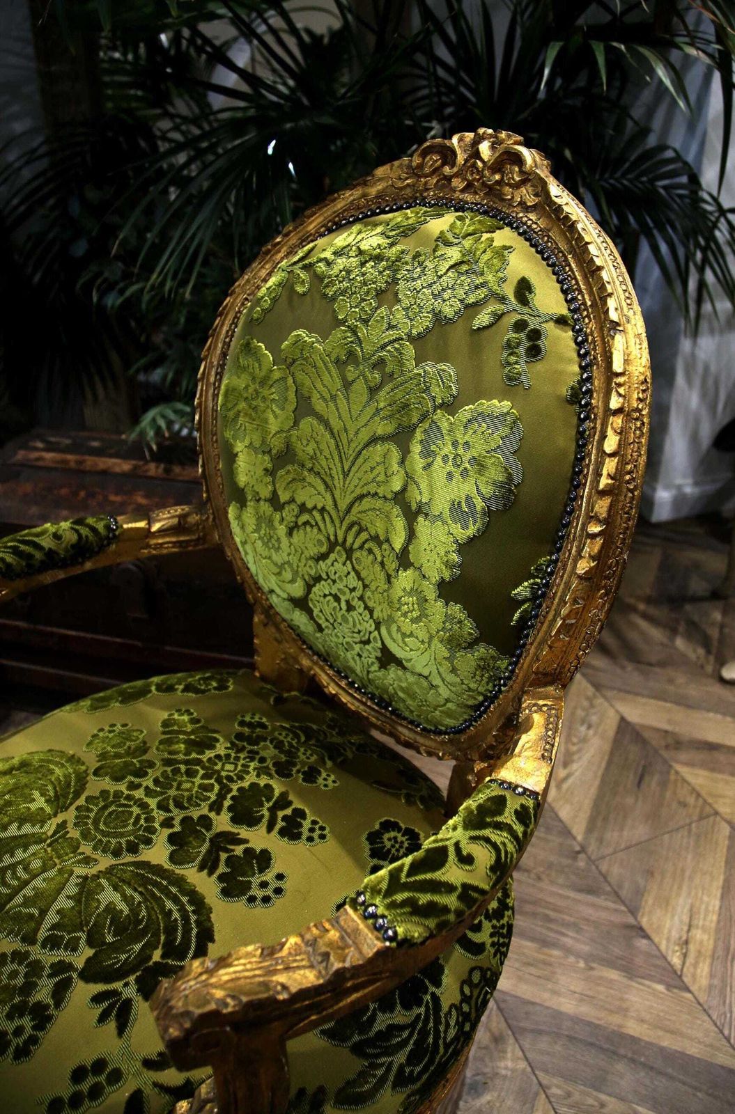 Pair Of King Luis XV Matching Salon Chairs In Rich Green Silk photo vinterior