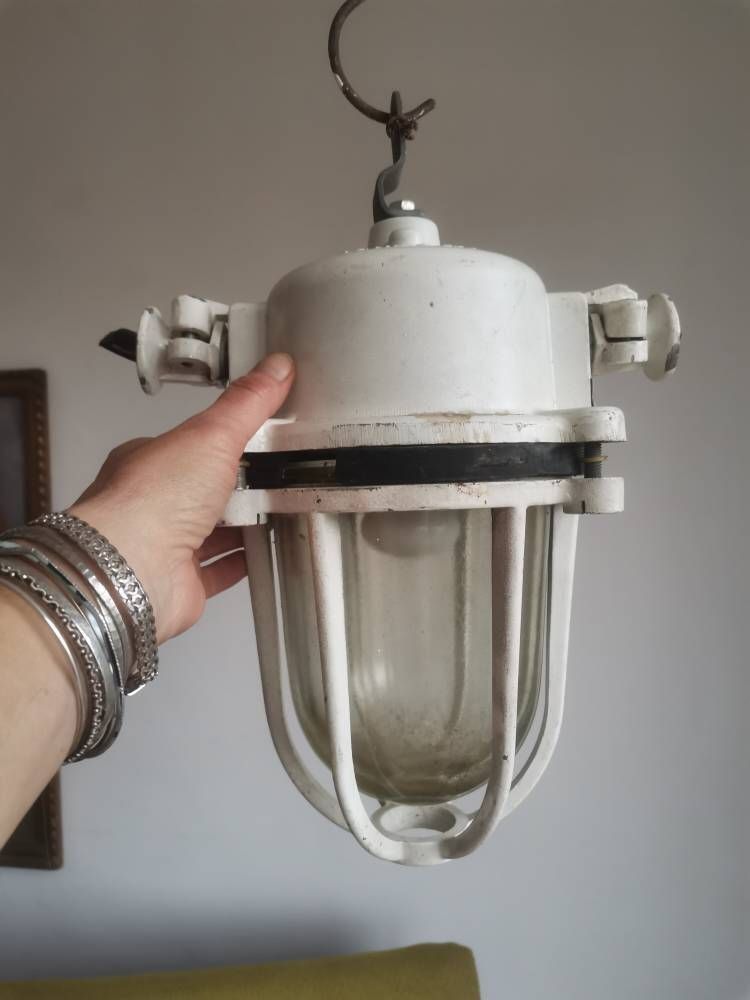 Vintage Bulkhead, Loft, Factory, Industrial Light Fixture. Heavy Cast Shatter Proof 2 Available Kitchen Lighting Statement Piece White photo Lighting