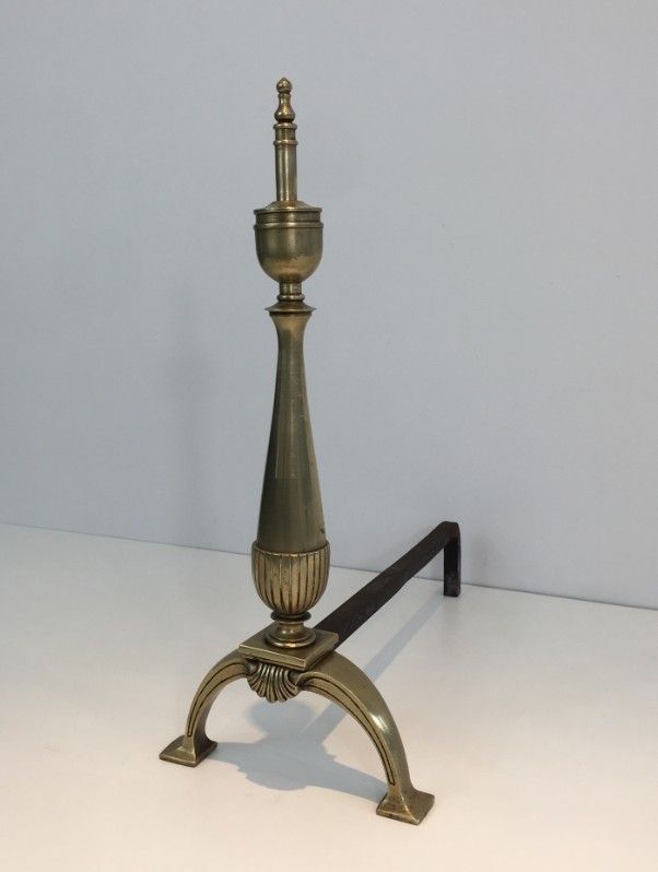 Pair Of Neoclassical Brass And Wrought Iron Andirons. photo vinterior
