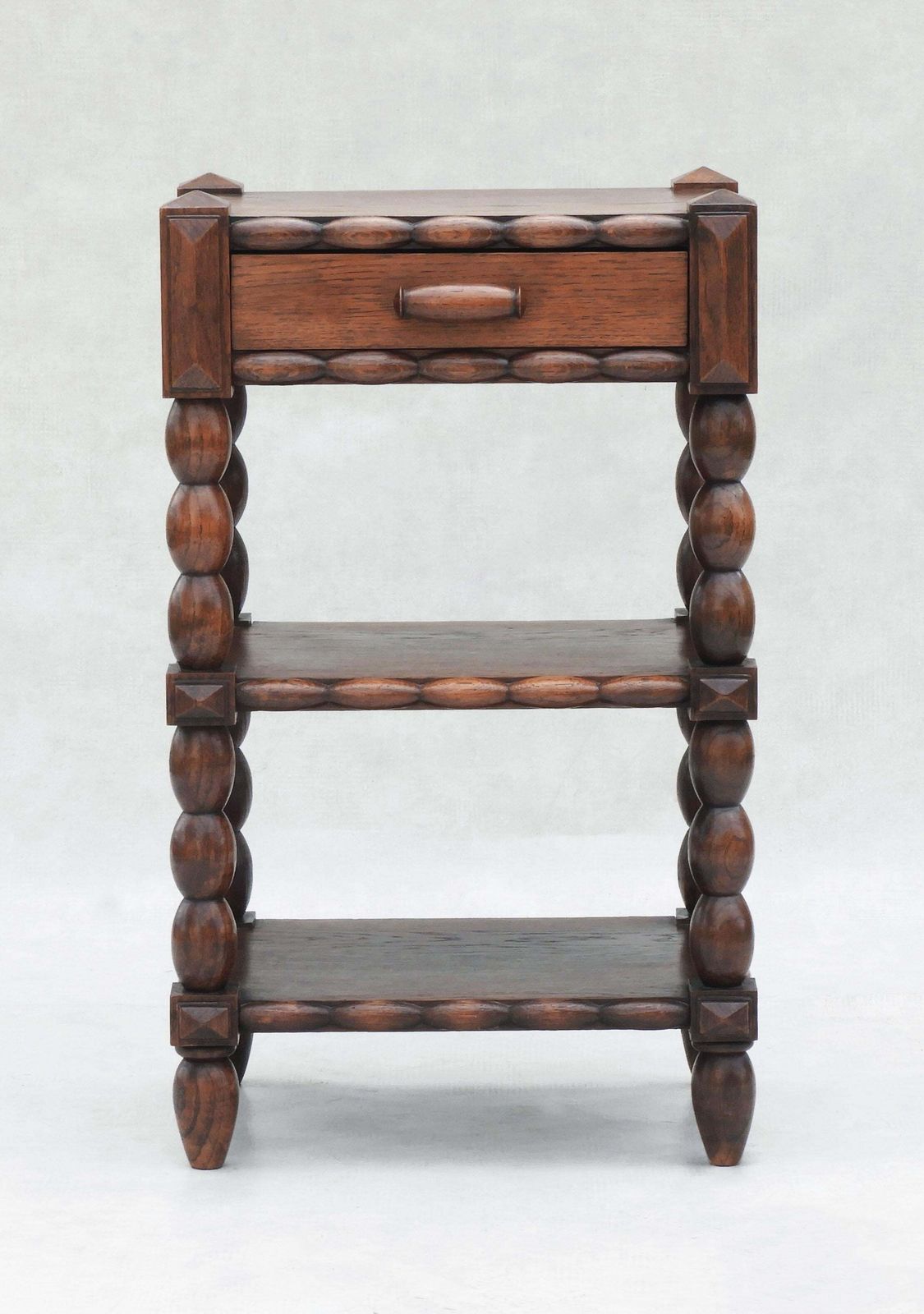 French Oak Bobbin Wood Three  Tiered Single Drawer Side Cabinet photo for sale