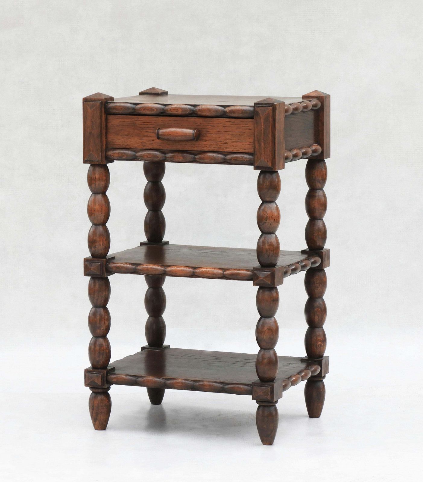French Oak Bobbin Wood Three  Tiered Single Drawer Side Cabinet photo Furniture