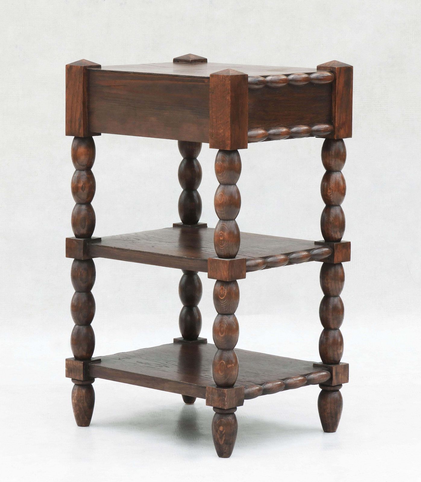 French Oak Bobbin Wood Three  Tiered Single Drawer Side Cabinet photo vinterior