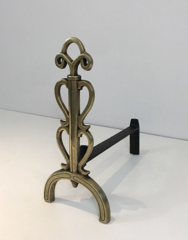 In The Style Of Raymond Subes. Bronze And Iron Andirons. Signed. photo Home Fixtures
