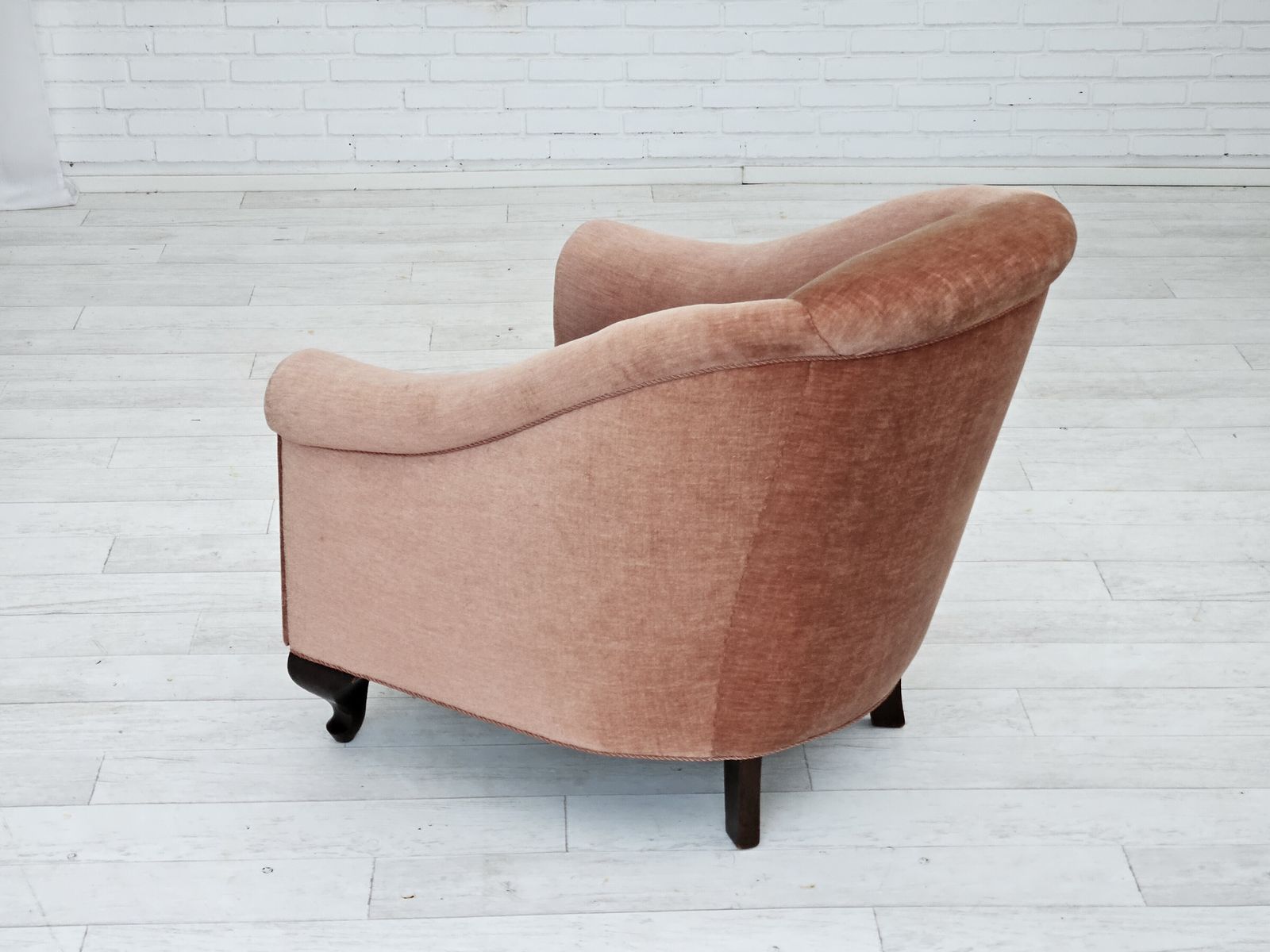 1960s, Danish Lounge Chair, Salmon Pink Furniture Velour, Ash Wood Legs. photo for sale