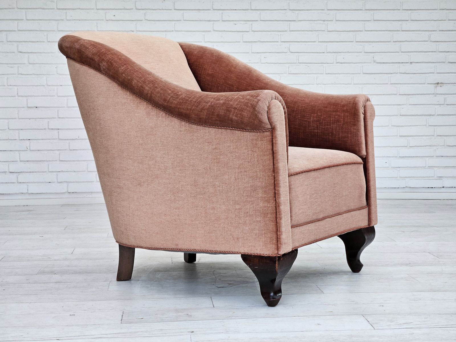 Furniture 1960s, Danish Lounge Chair, Salmon Pink Furniture Velour, Ash Wood Legs. photo