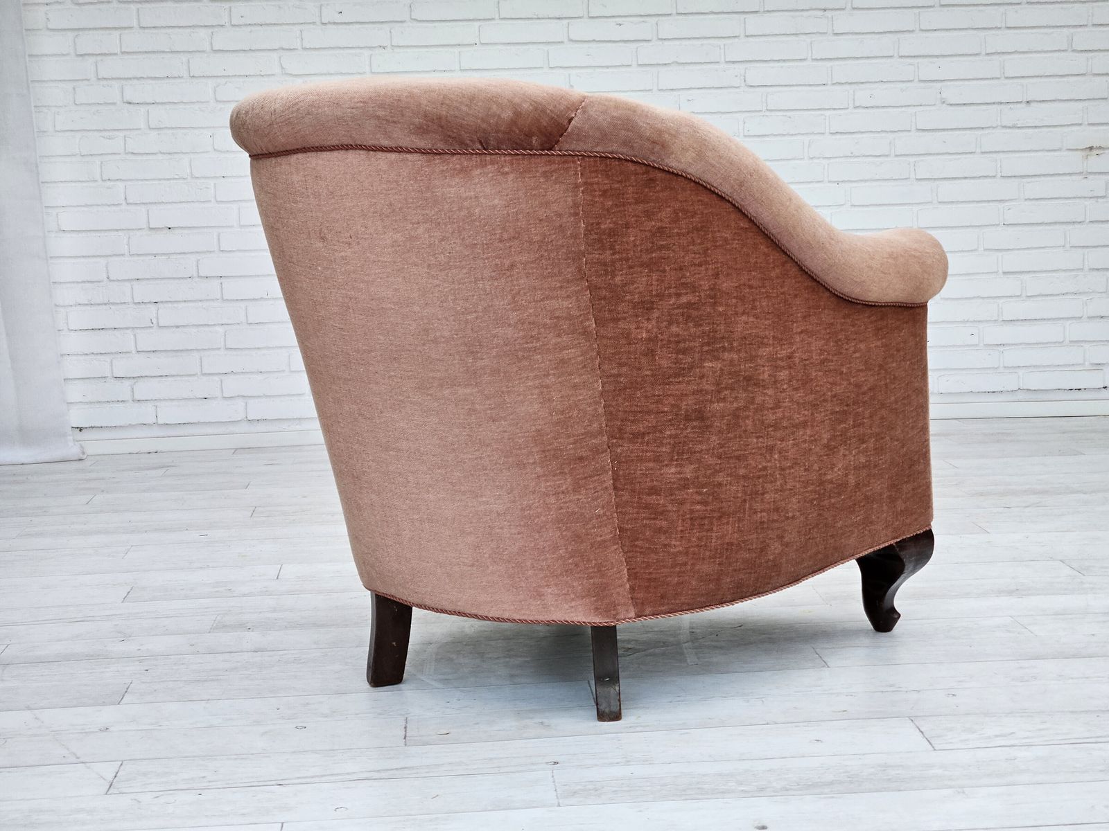 photo buy 1960s, Danish Lounge Chair, Salmon Pink Furniture Velour, Ash Wood Legs.