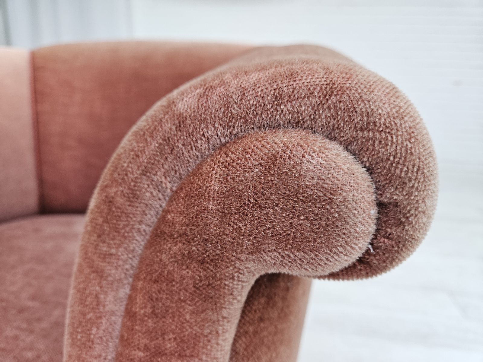 1960s, Danish Lounge Chair, Salmon Pink Furniture Velour, Ash Wood Legs. photo 810.0