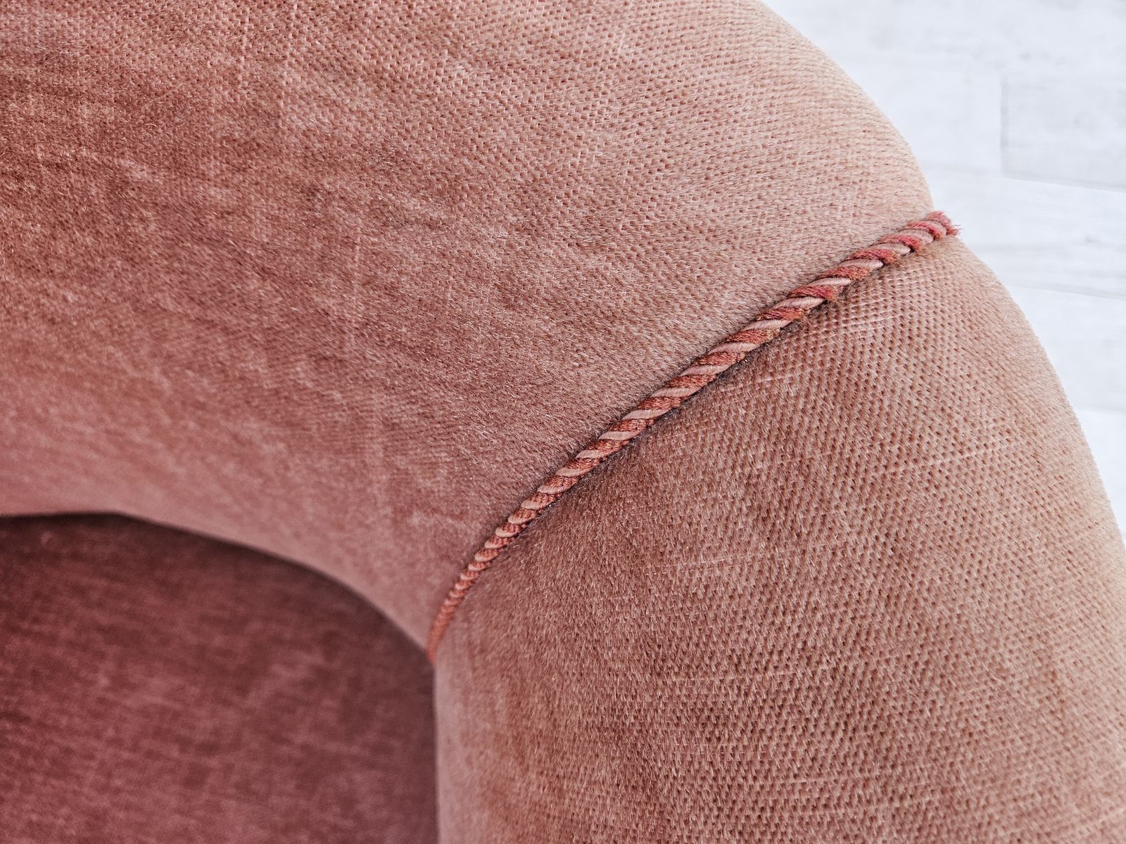 photo vinterior 1960s, Danish Lounge Chair, Salmon Pink Furniture Velour, Ash Wood Legs.