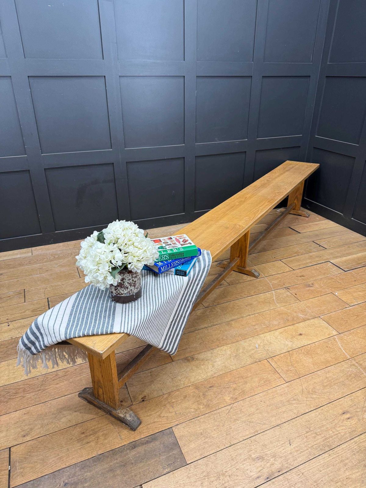 Long Vintage Oak School Bench Seat / Hallway Seating / Leys School Cambridge / A photo furniture