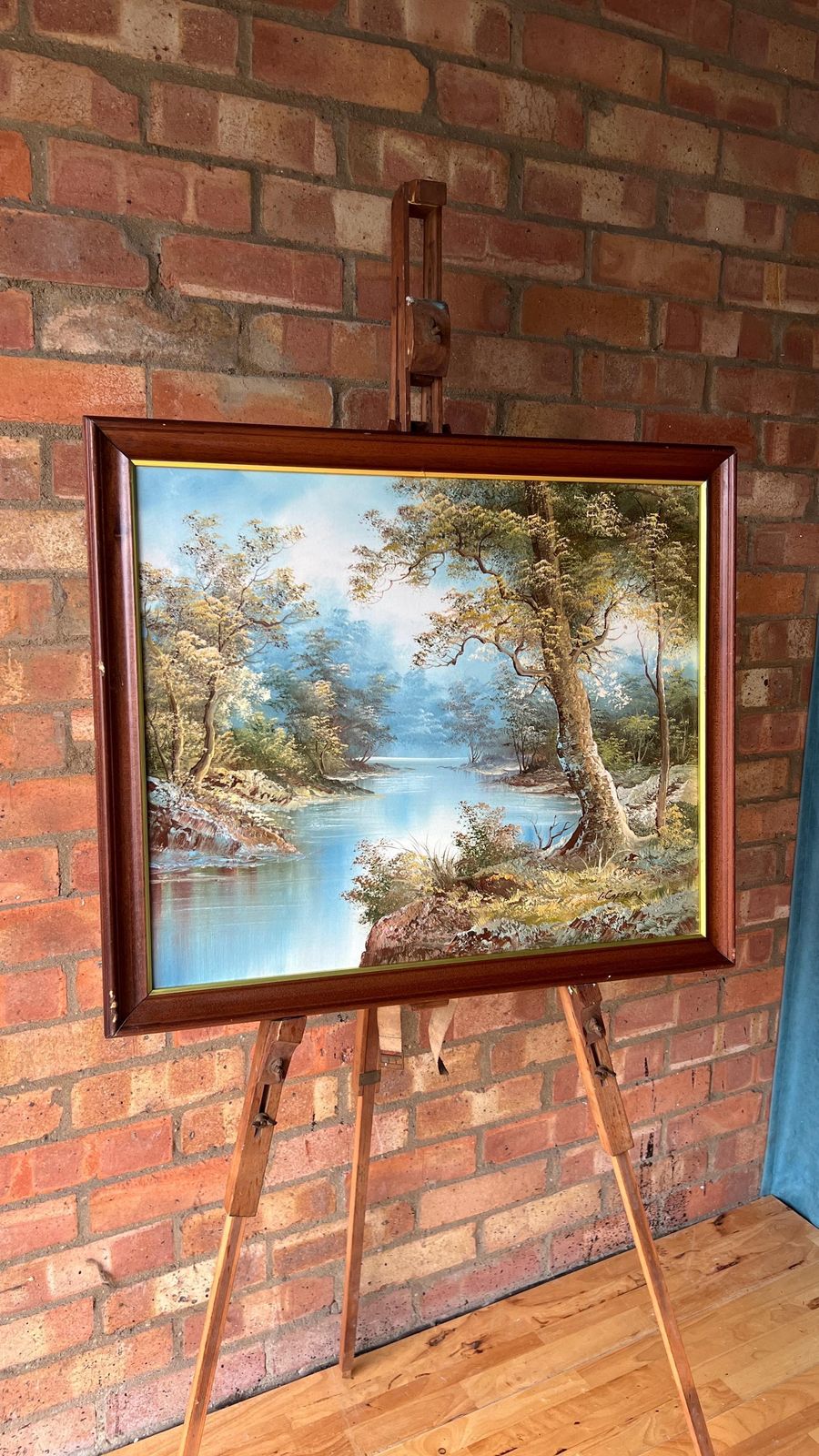 Late 20th Century Oil Painting On Canvas – Serene Riverside Landscape