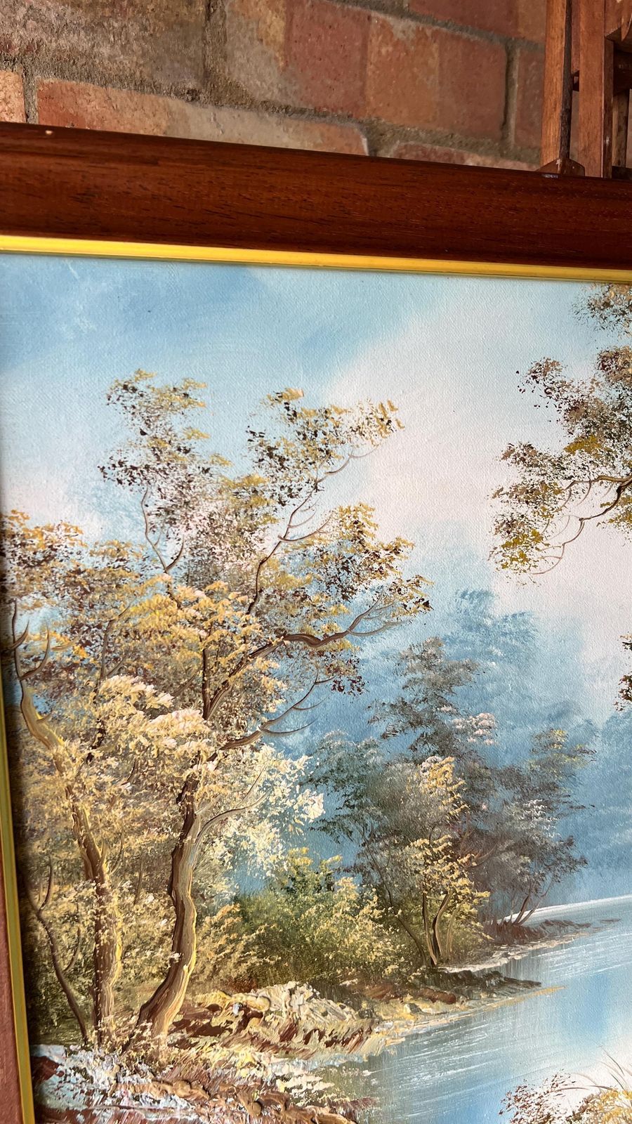 Late 20th Century Oil Painting On Canvas – Serene Riverside Landscape photo Art