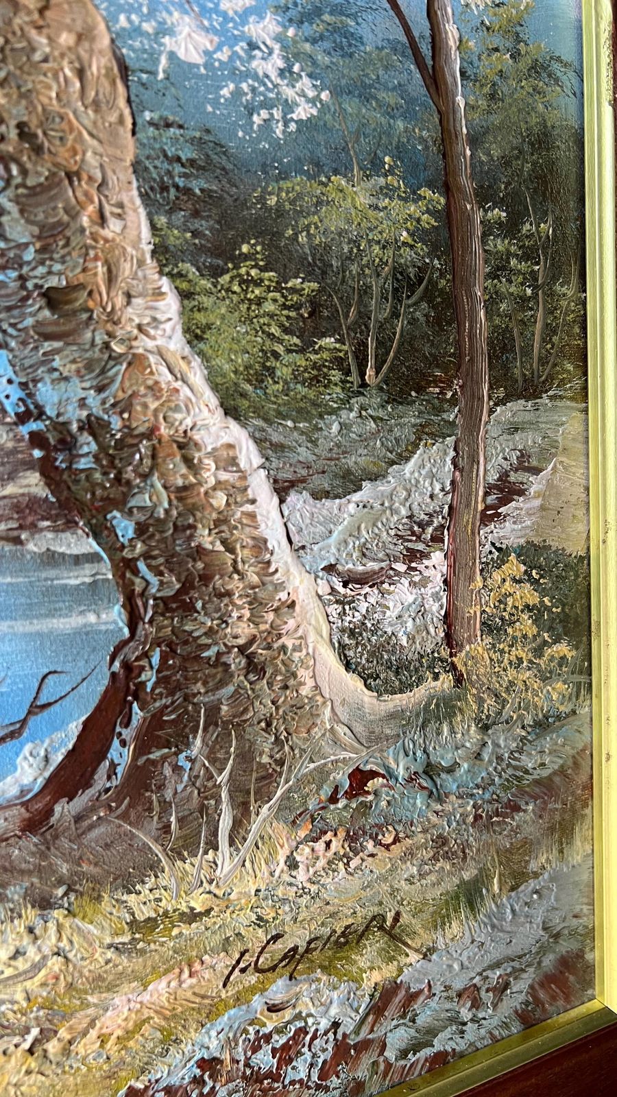 Late 20th Century Oil Painting On Canvas – Serene Riverside Landscape photo vinterior